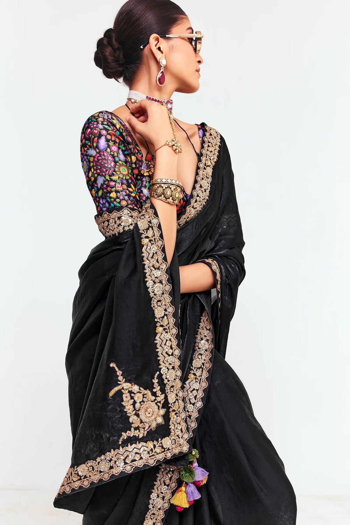 Smoky Black Embroidered Party Wear Saree