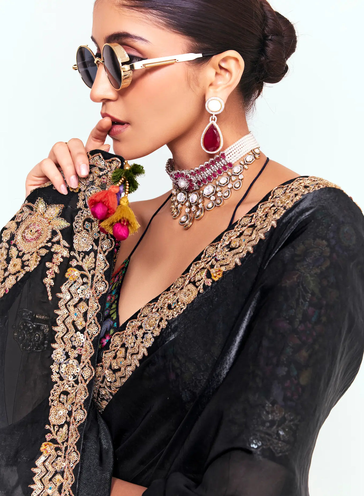 Smoky Black Embroidered Party Wear Saree