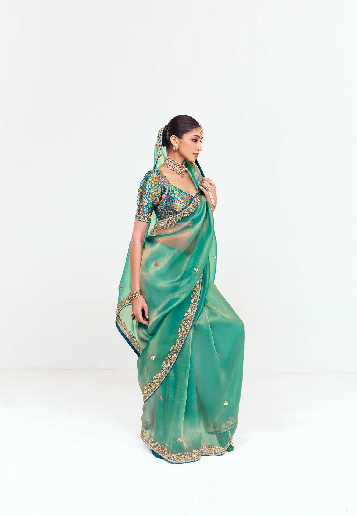 Dusty Teal Embroidered Party Wear Saree