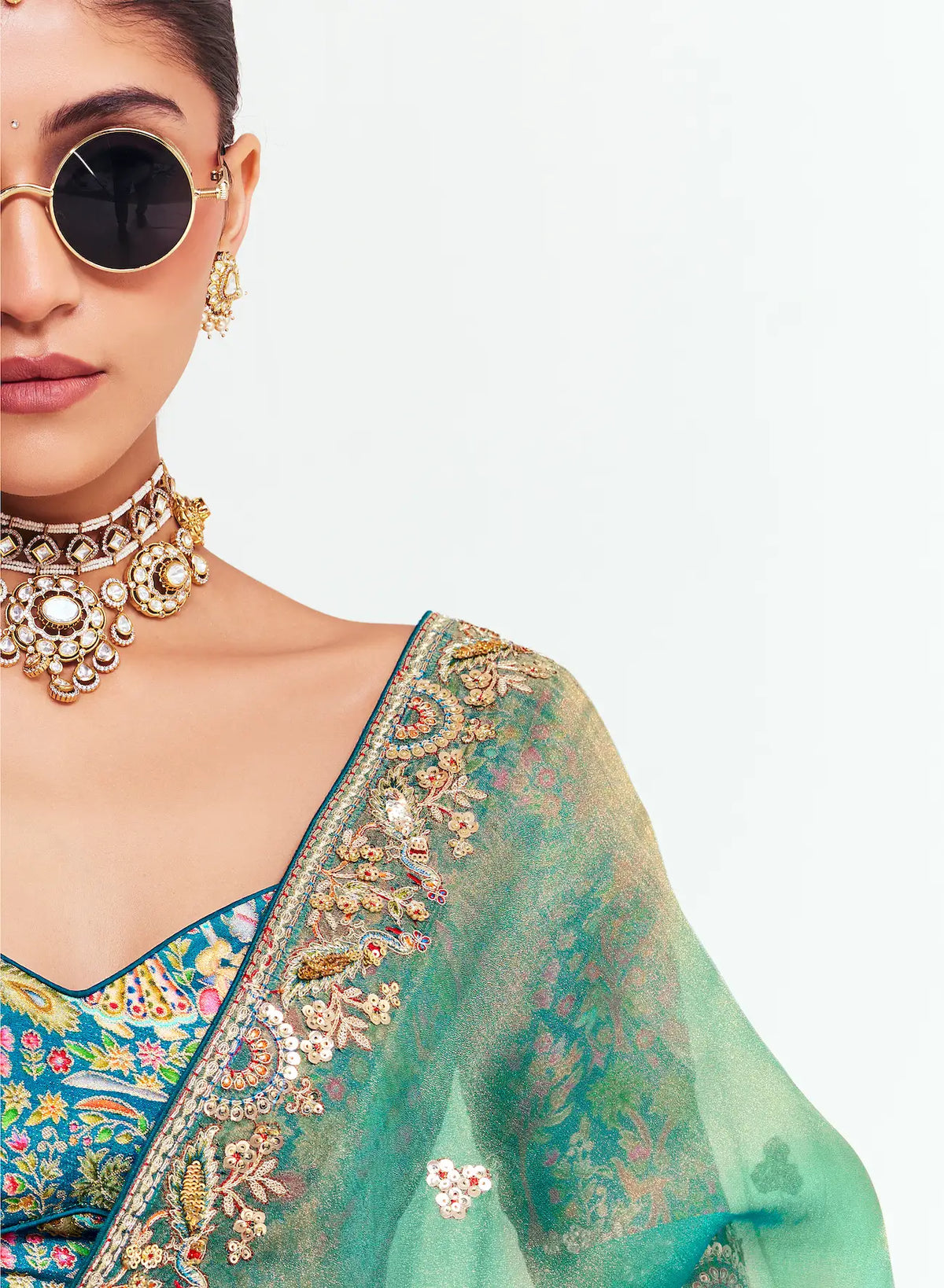 Dusty Teal Embroidered Party Wear Saree