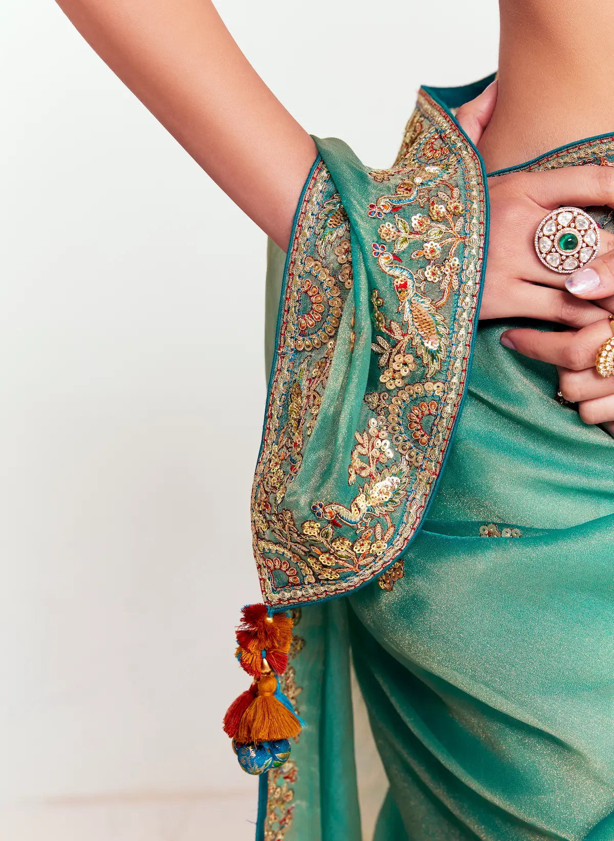 Dusty Teal Embroidered Party Wear Saree