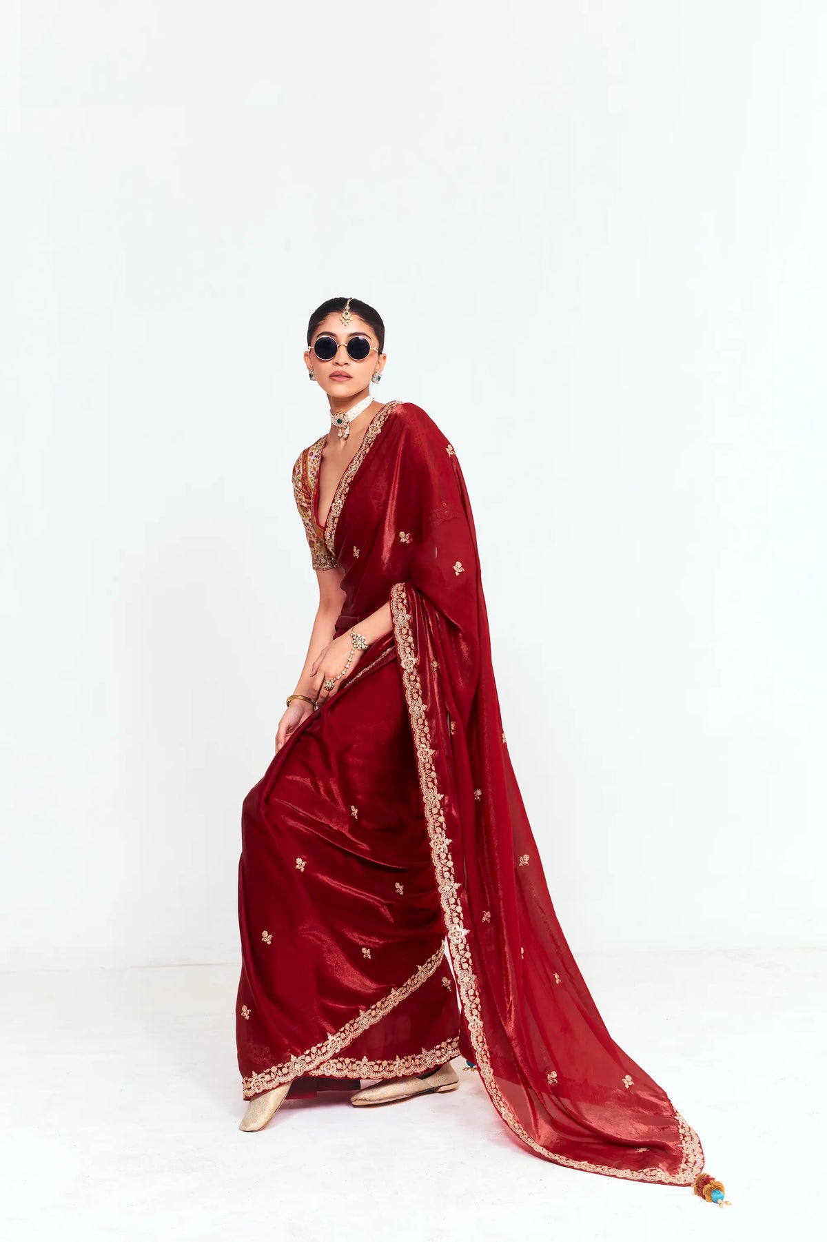 Rich Maroon Embroidered Party Wear Saree