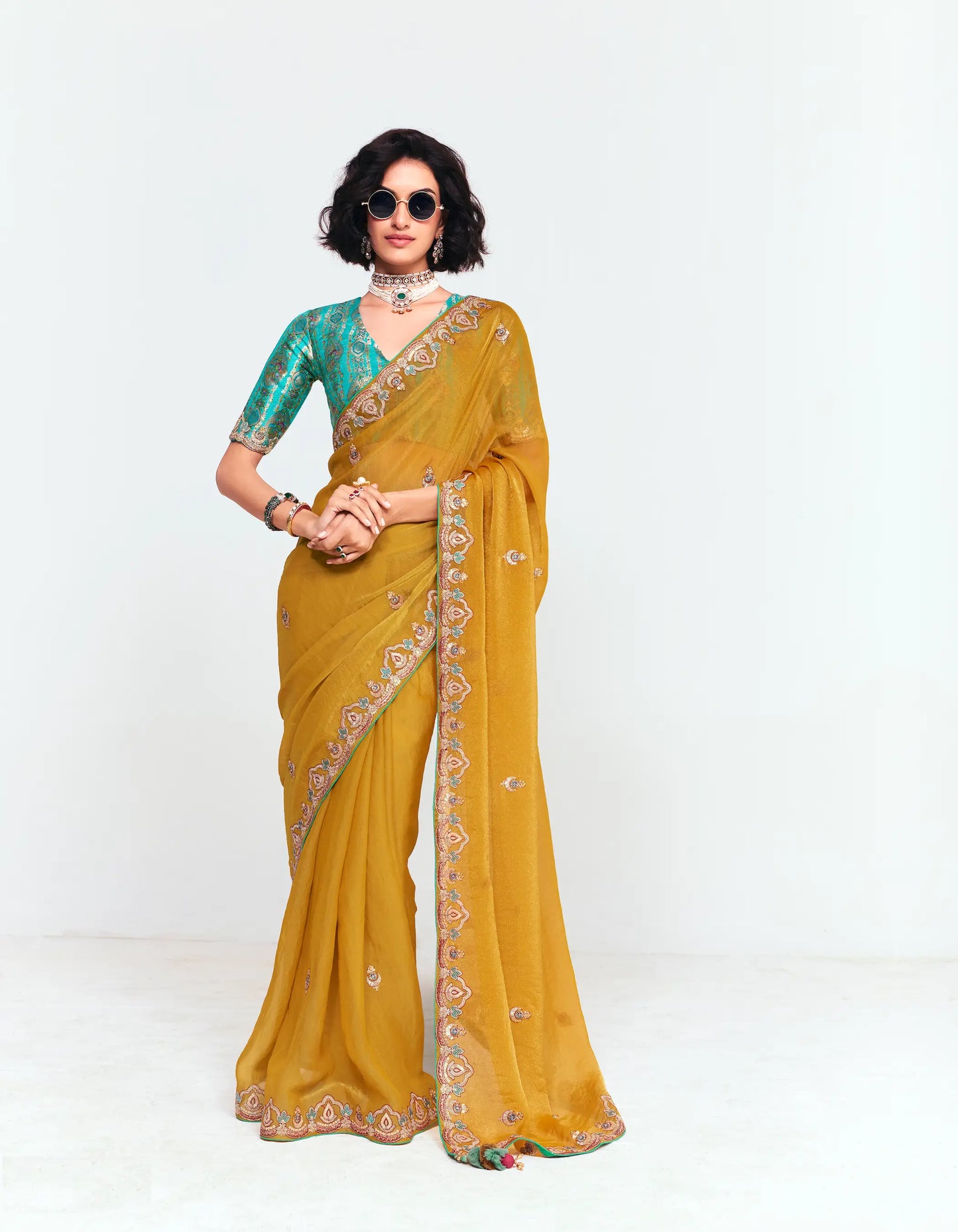 Fuel Yellow Embroidered Party Wear Saree