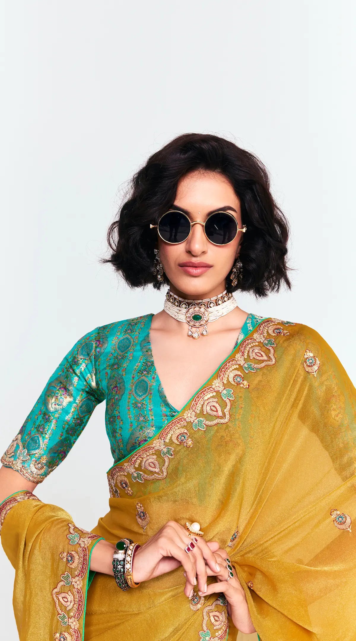 Fuel Yellow Embroidered Party Wear Saree
