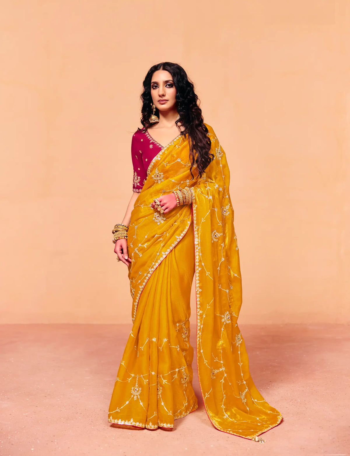 Bee Yellow Satin Embroidery Saree