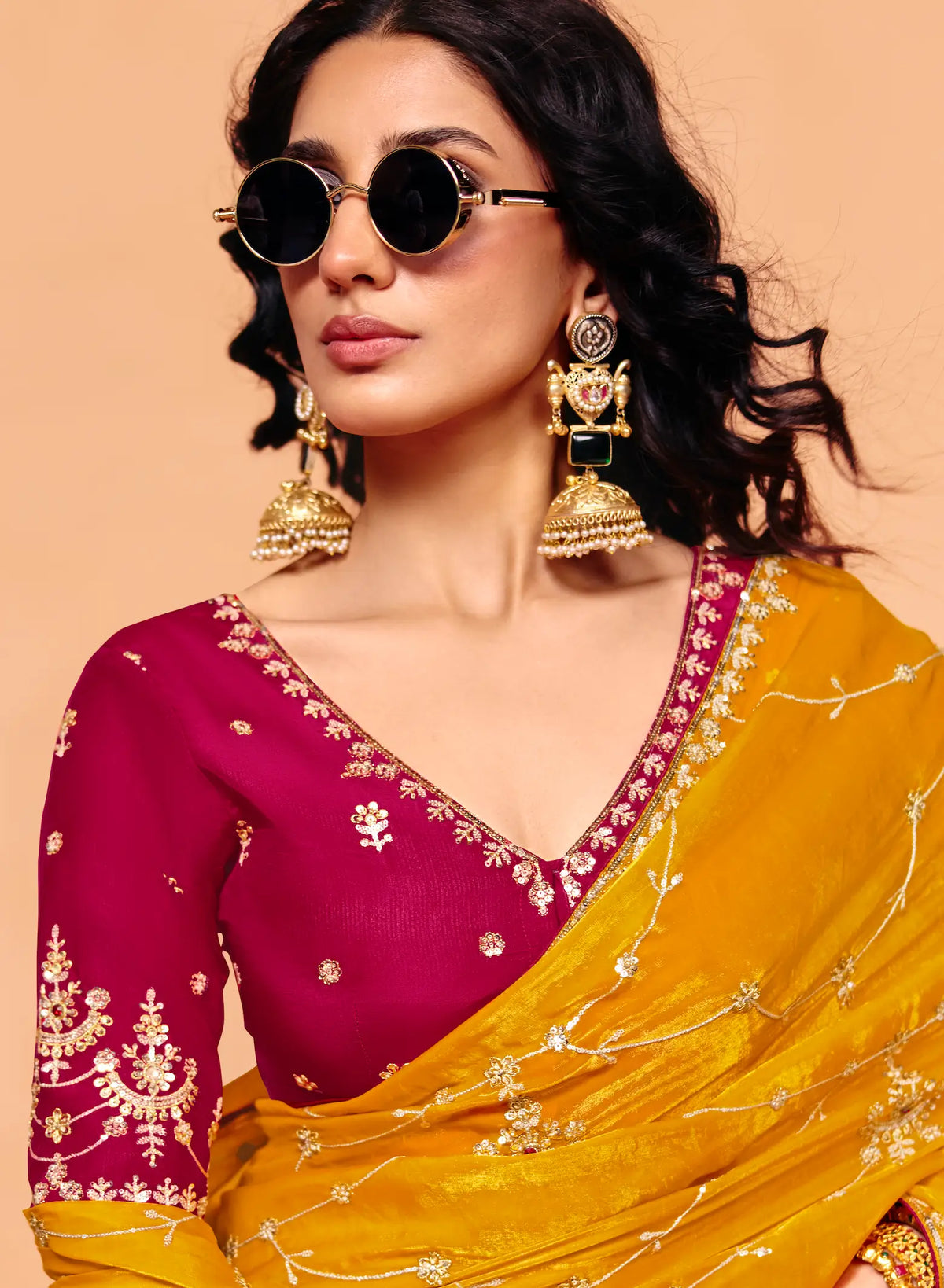 Bee Yellow Satin Embroidery Saree