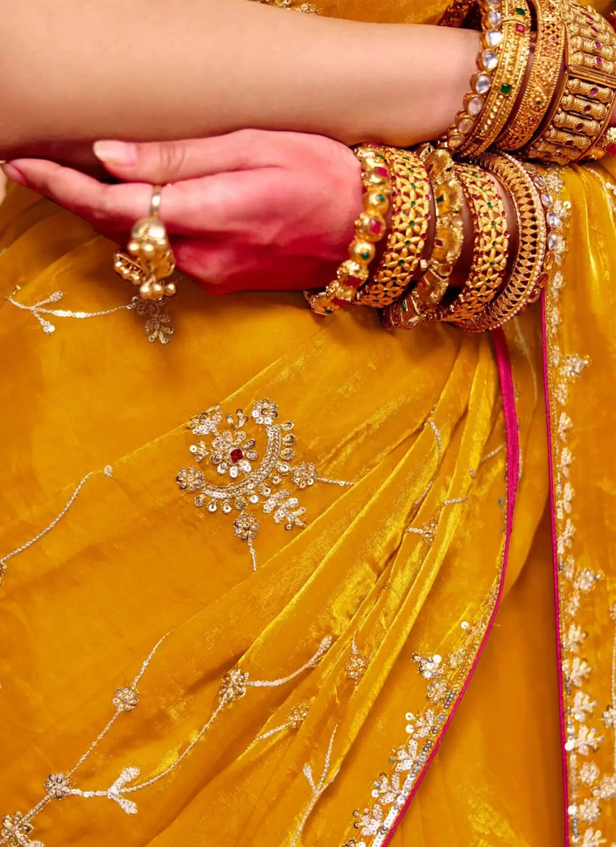 Bee Yellow Satin Embroidery Saree