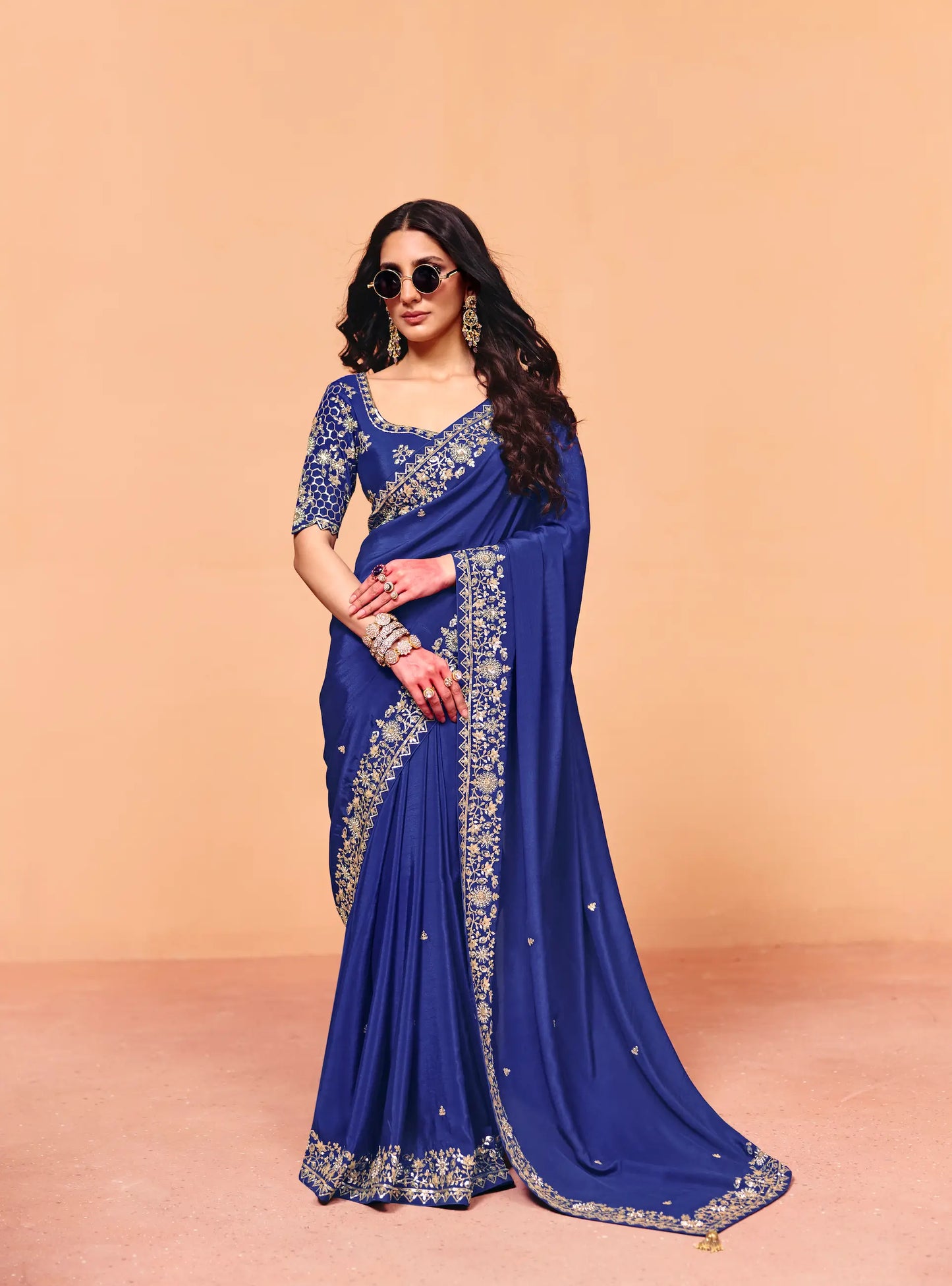 Royal Blue Satin Embroidery Saree