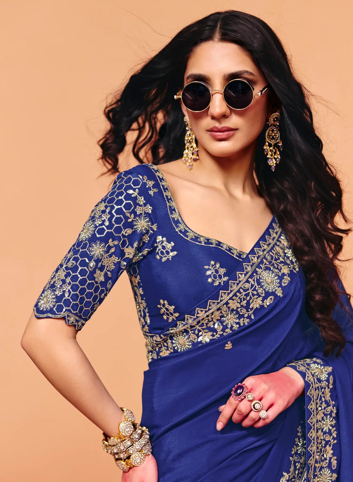 Royal Blue Satin Embroidery Saree