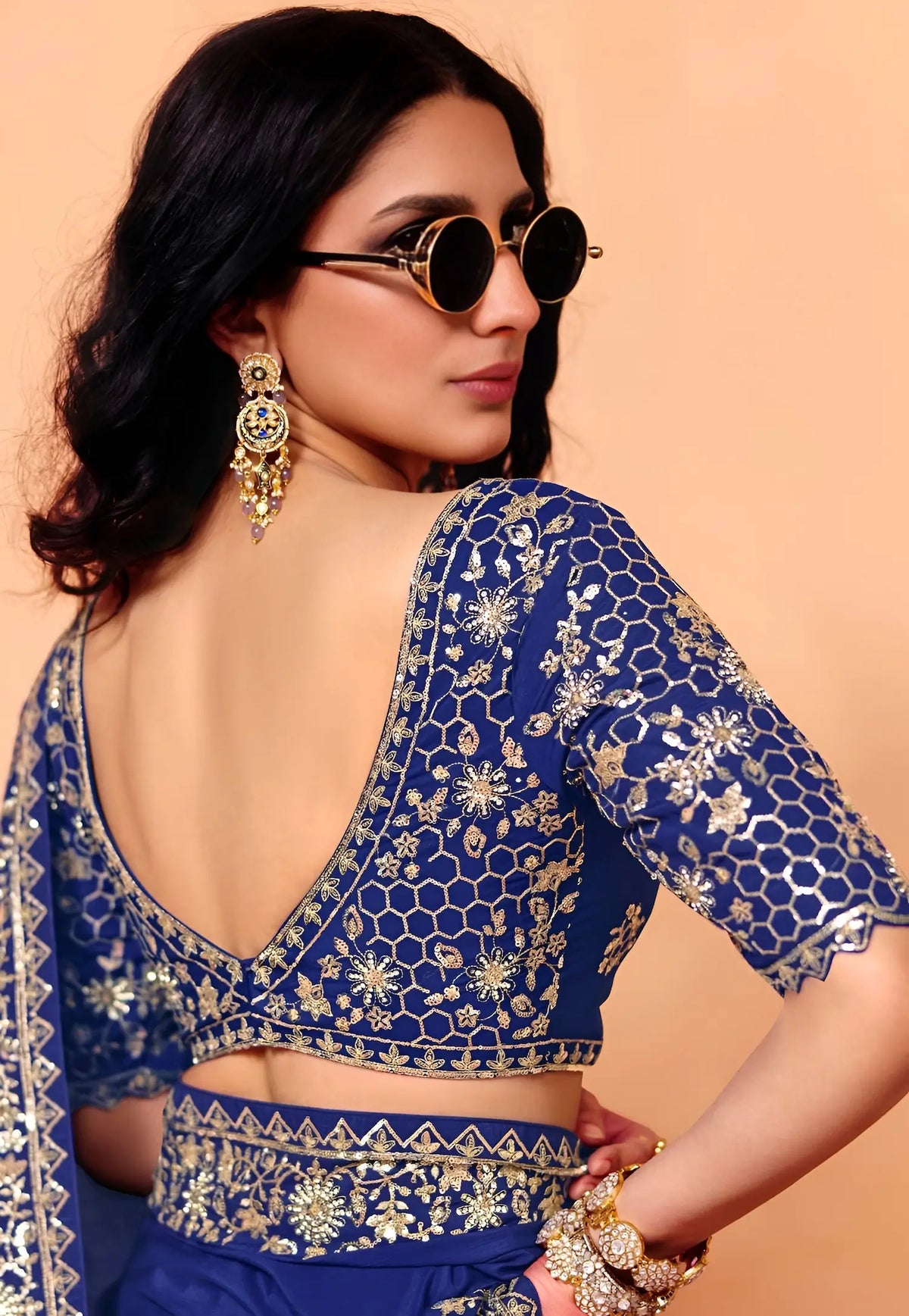 Royal Blue Satin Embroidery Saree