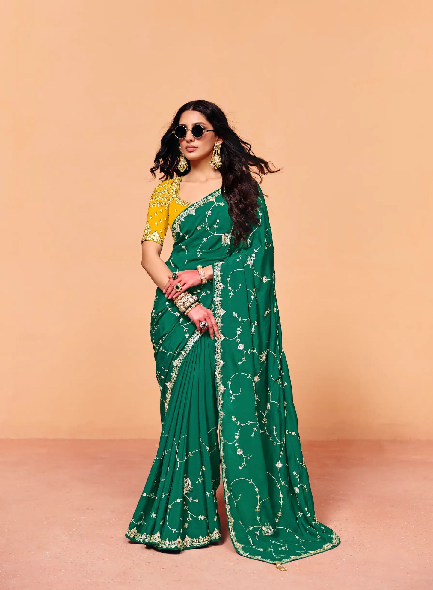 Emerald Green Satin Embroidery Saree