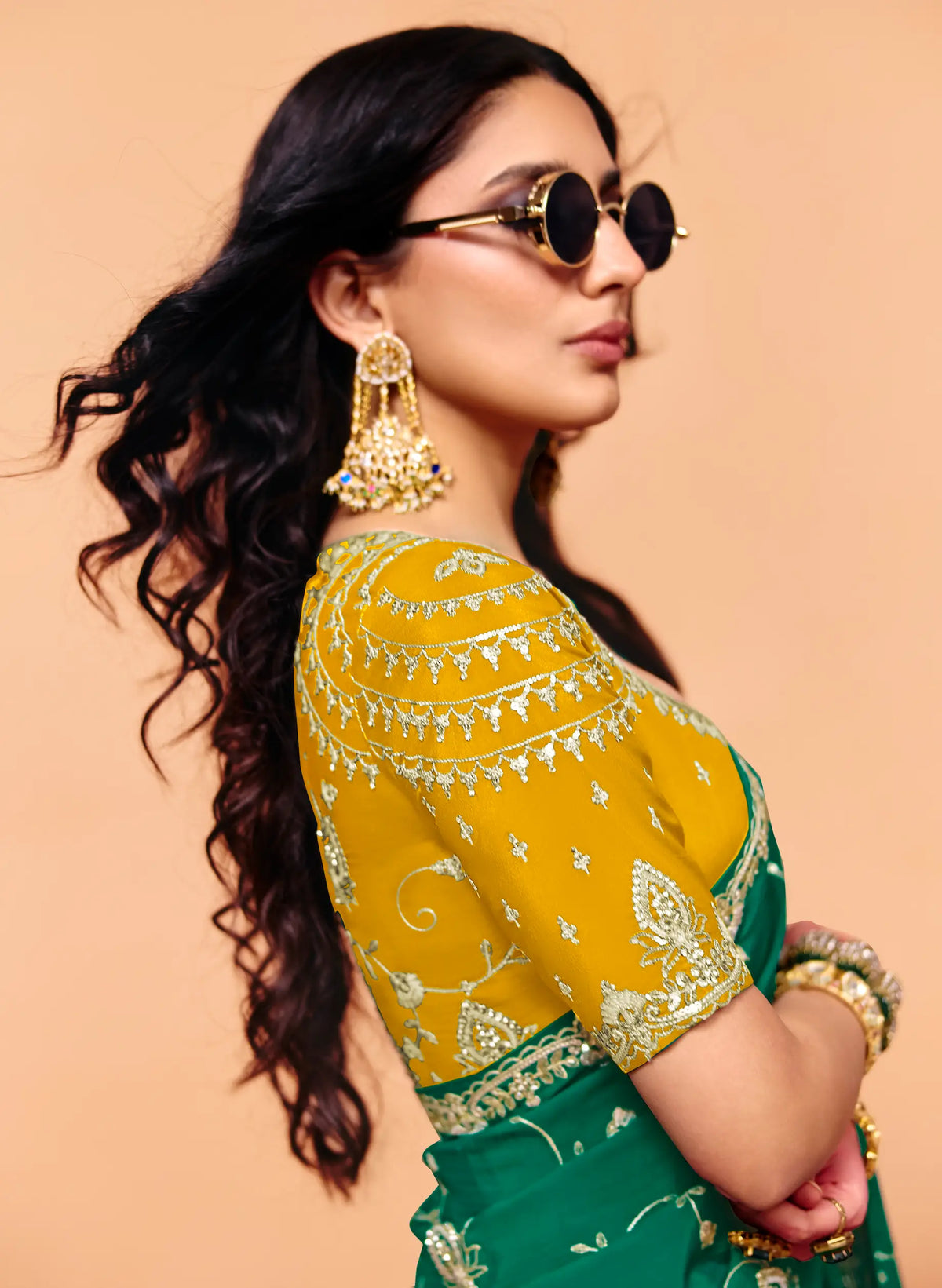 Emerald Green Satin Embroidery Saree