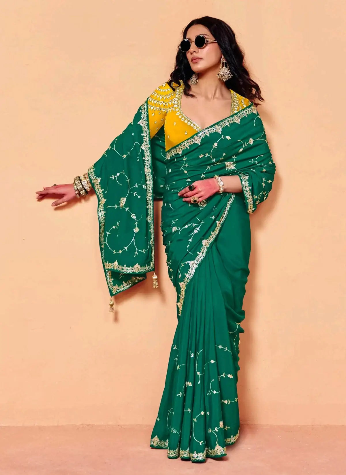 Emerald Green Satin Embroidery Saree