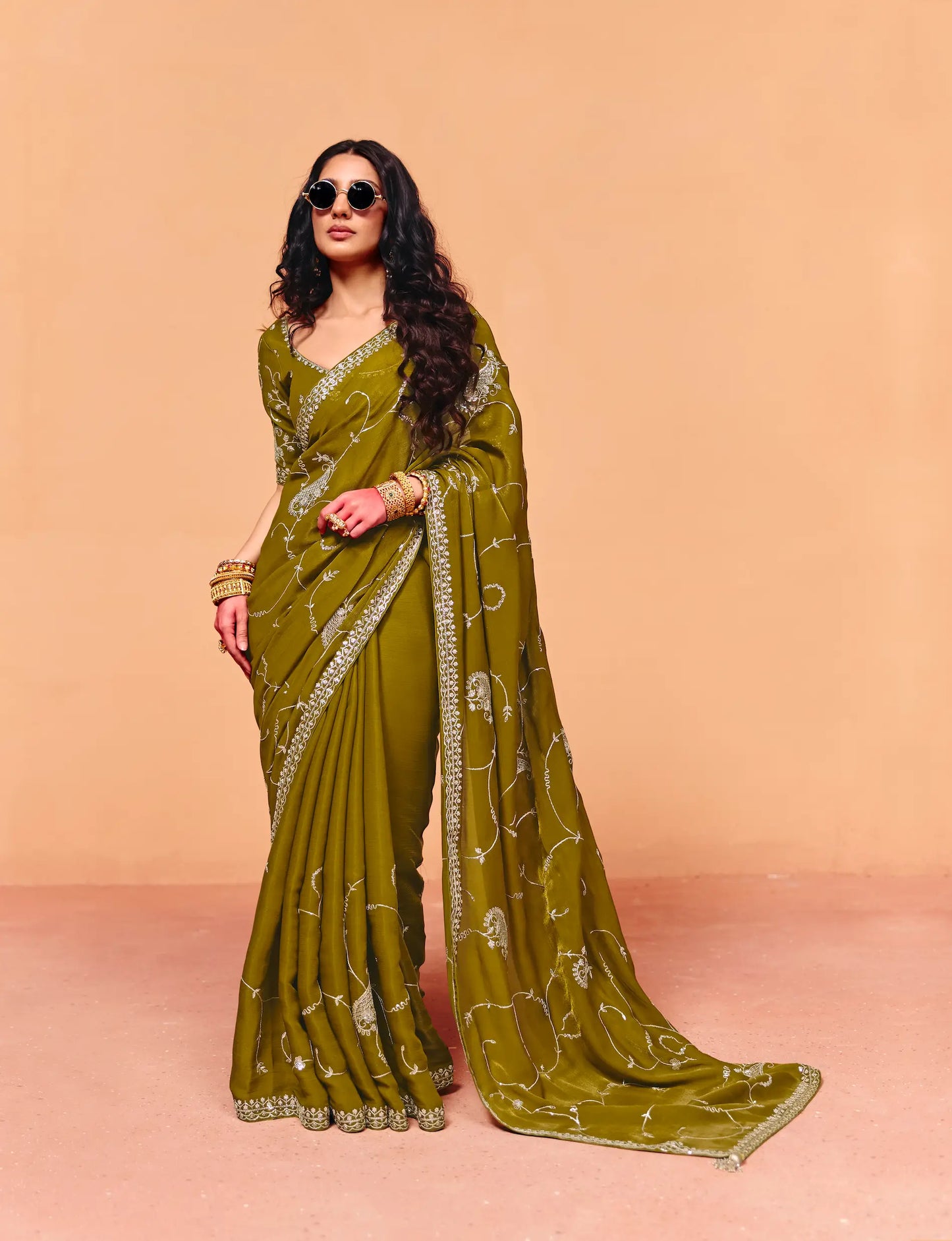 Olive Green Satin Embroidery Saree
