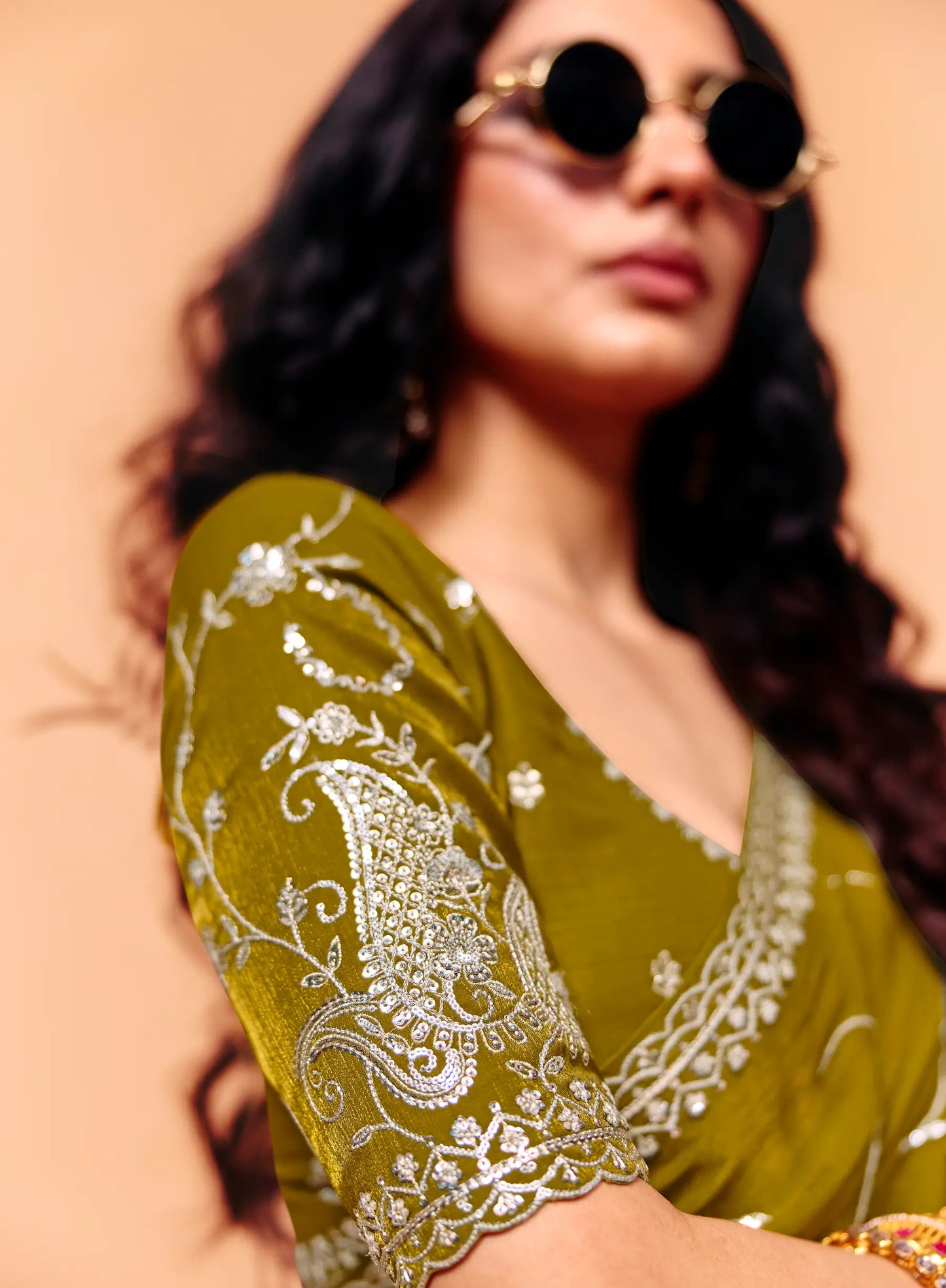 Olive Green Satin Embroidery Saree