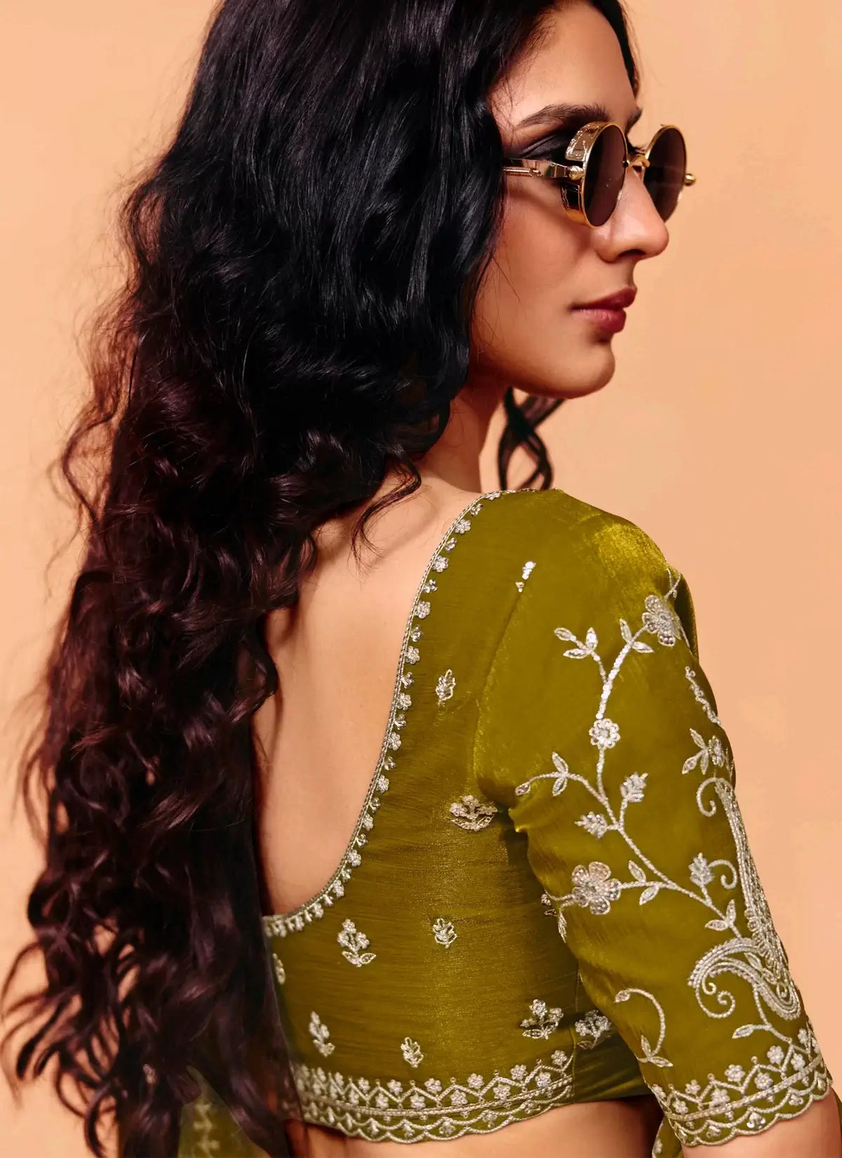 Olive Green Satin Embroidery Saree
