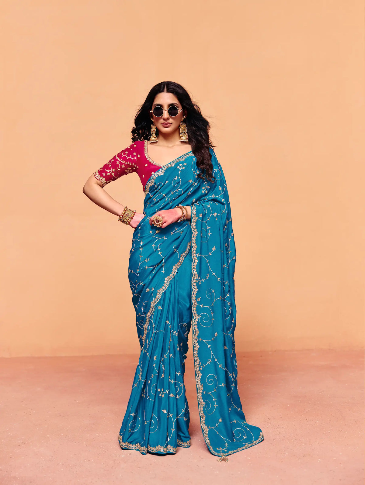 Venice Blue Satin Embroidery Saree