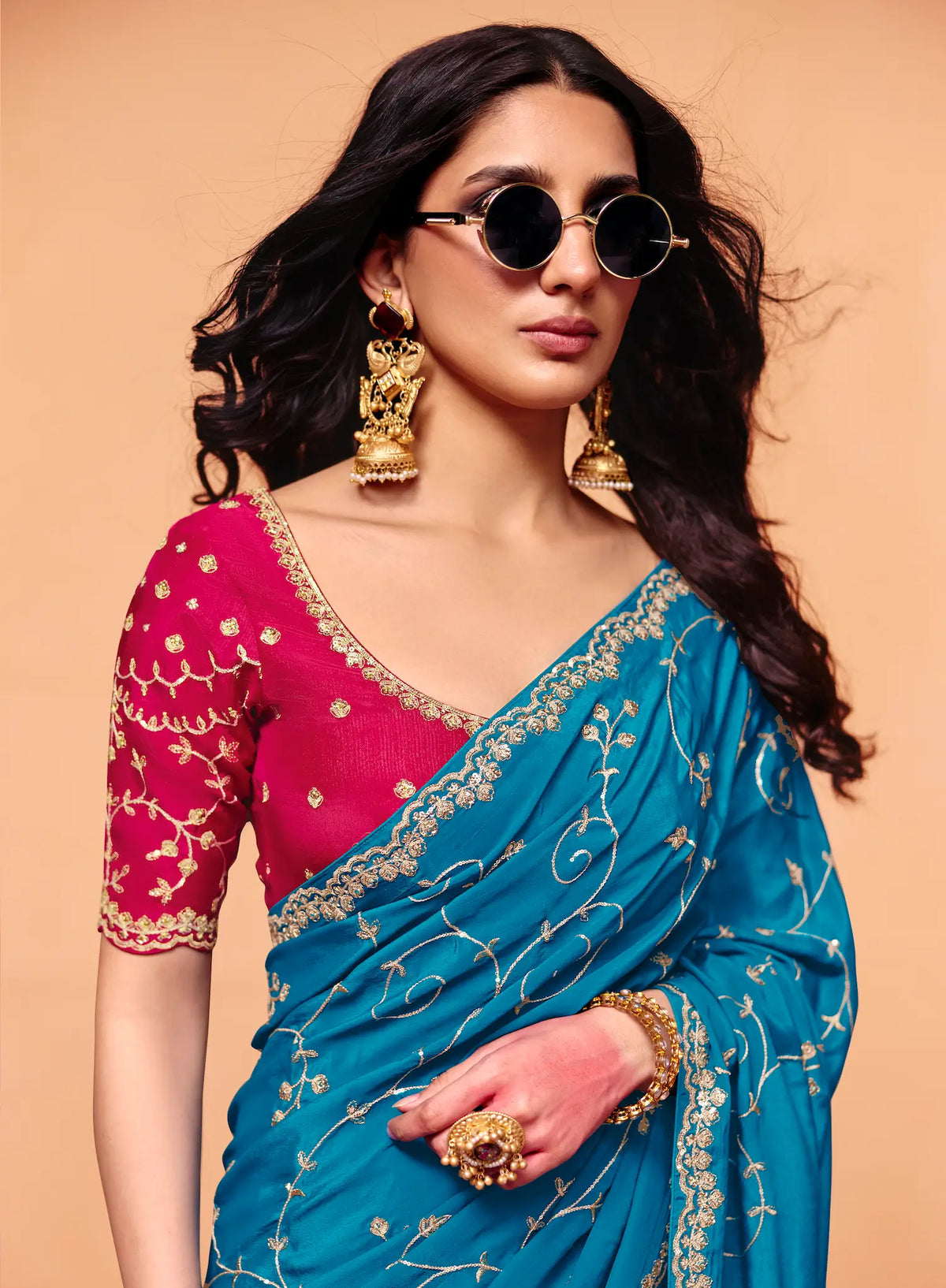 Venice Blue Satin Embroidery Saree