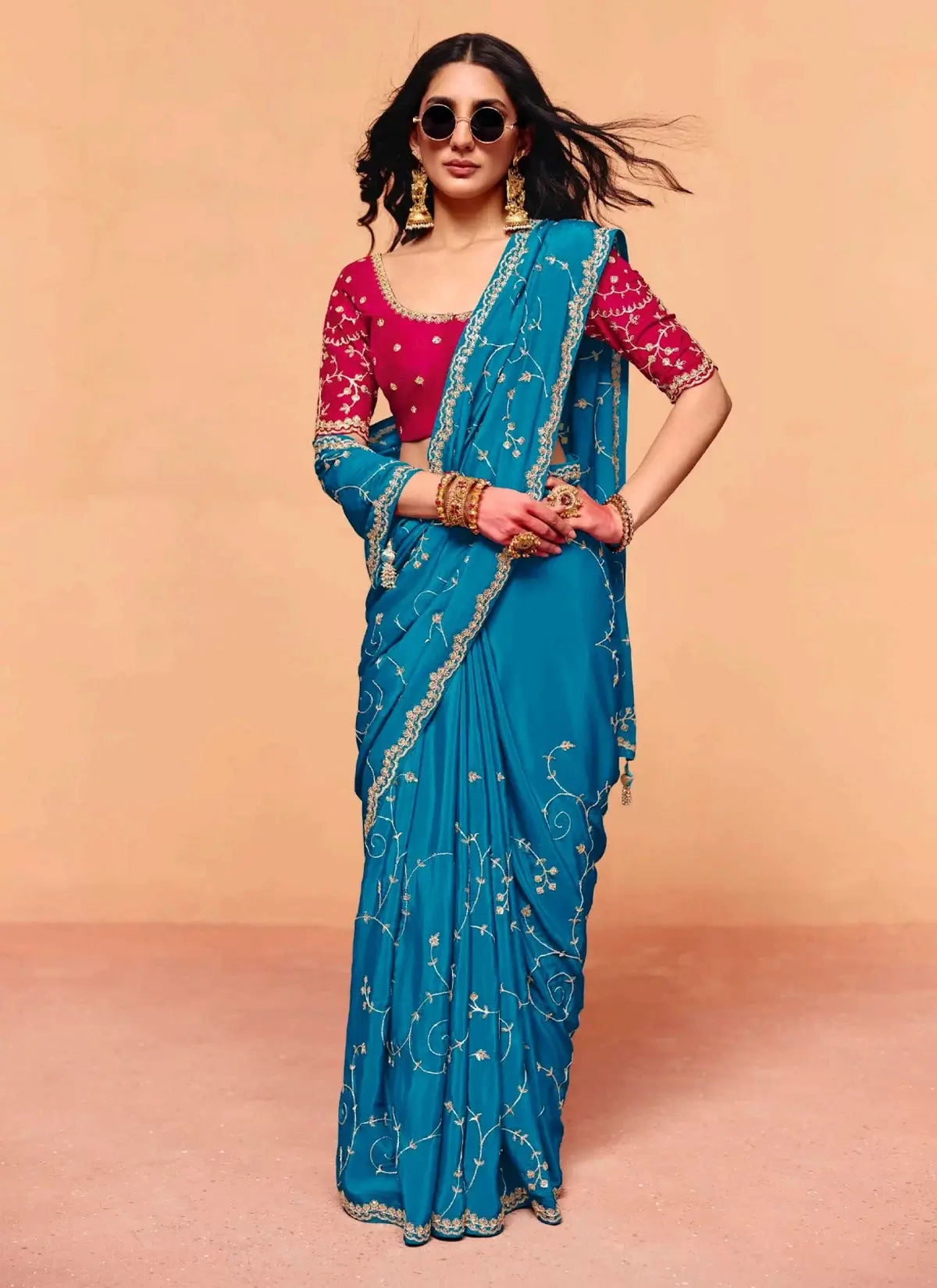 Venice Blue Satin Embroidery Saree