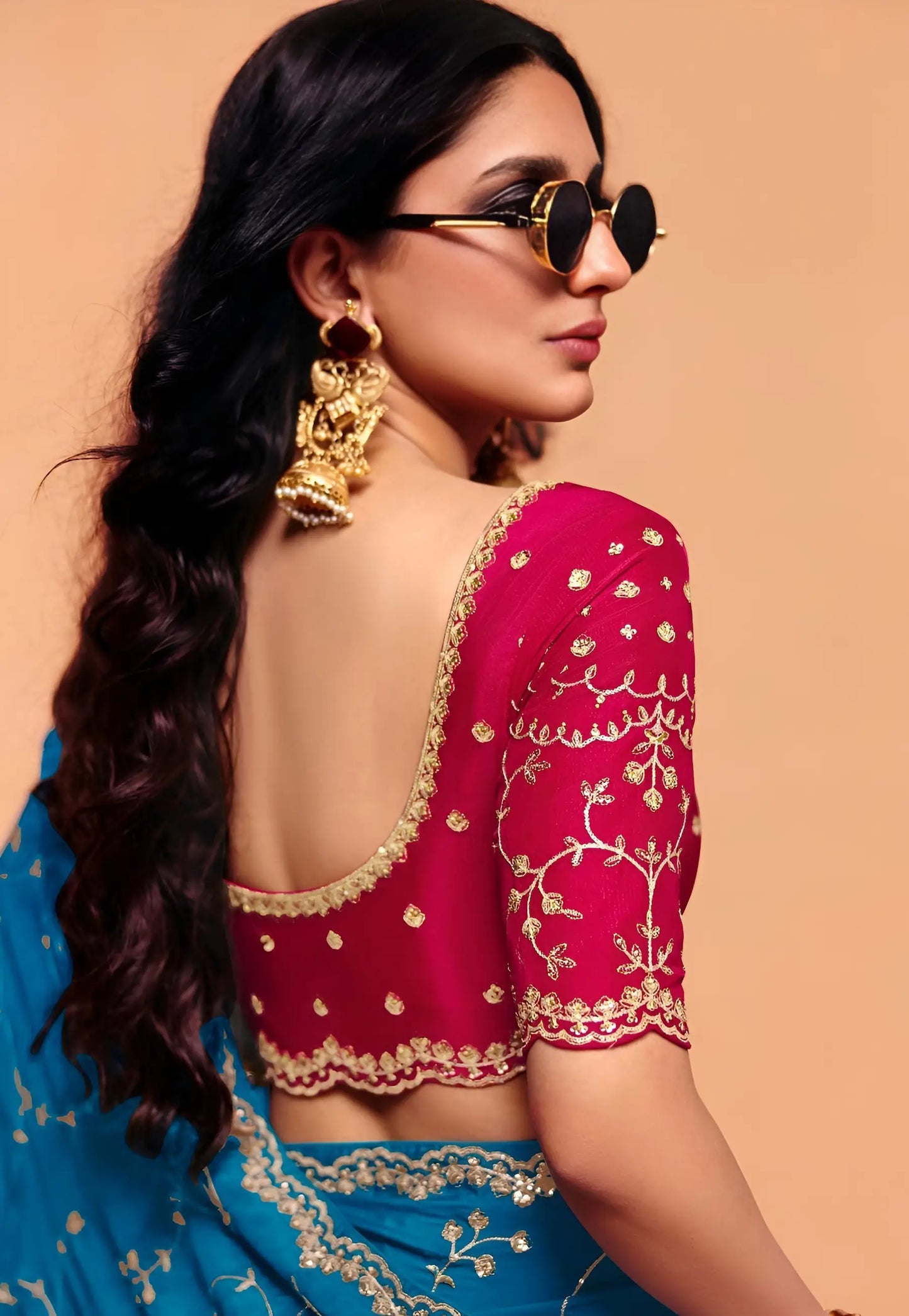Venice Blue Satin Embroidery Saree