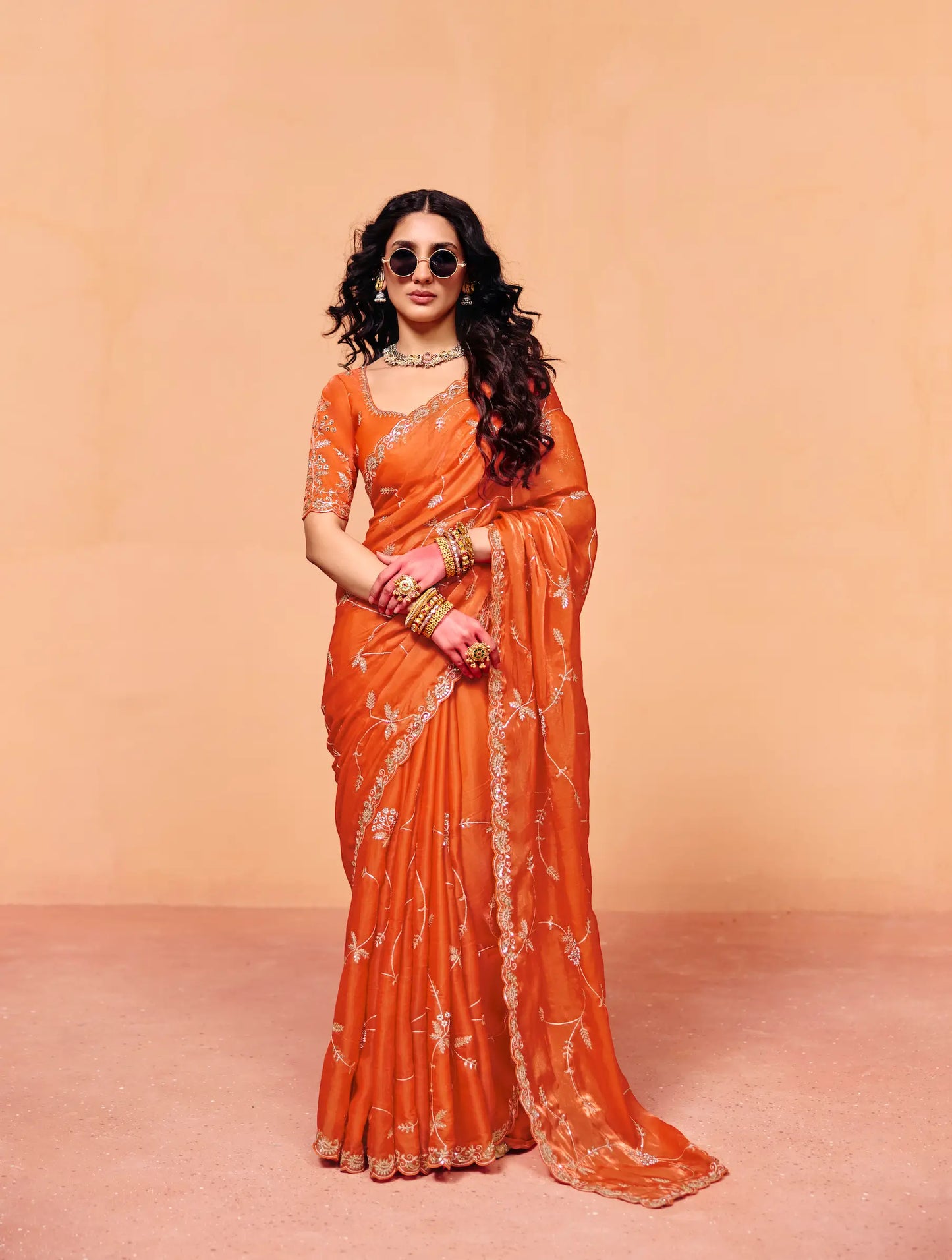 Bright Orange Satin Embroidery Saree