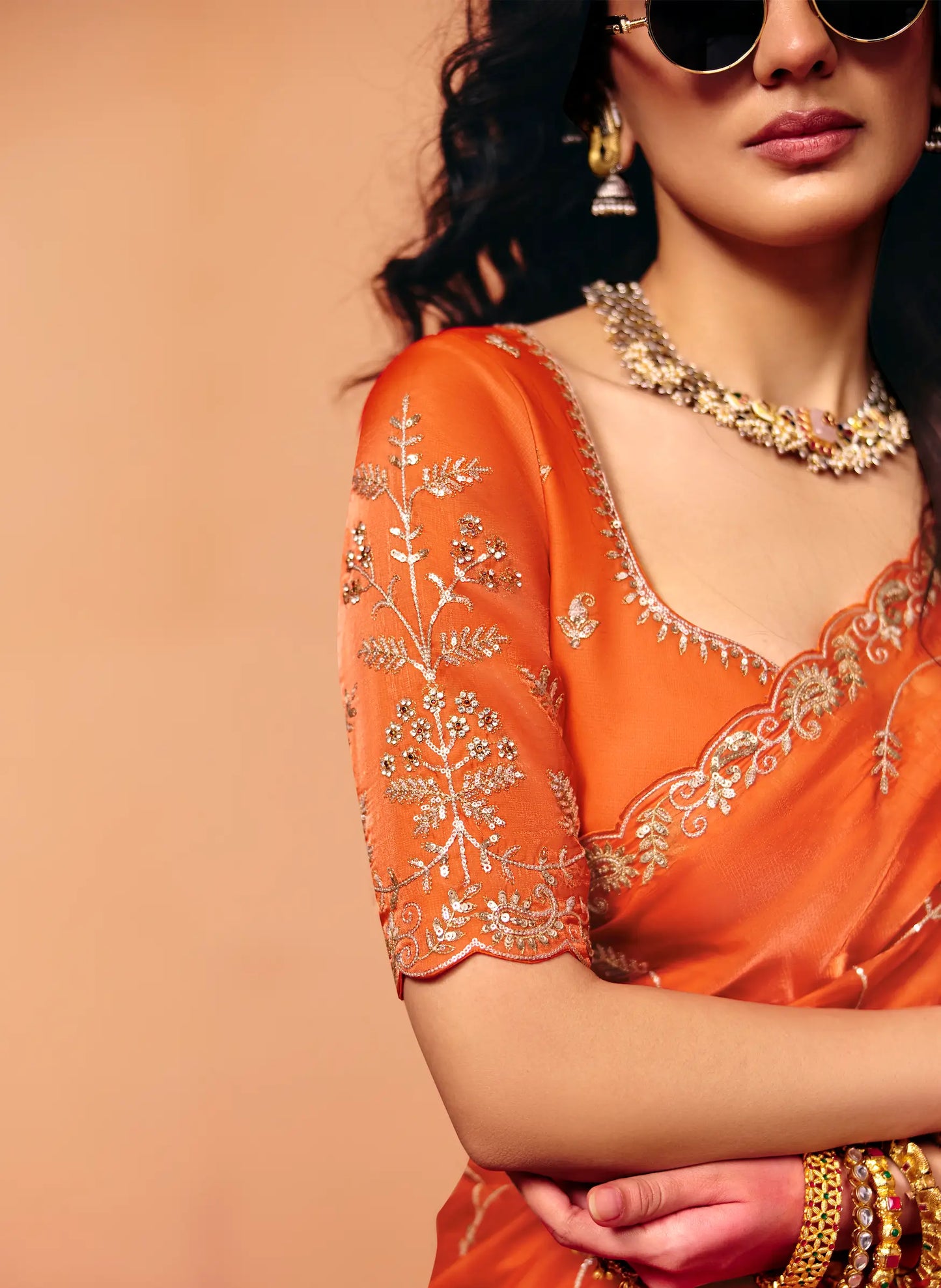 Bright Orange Satin Embroidery Saree