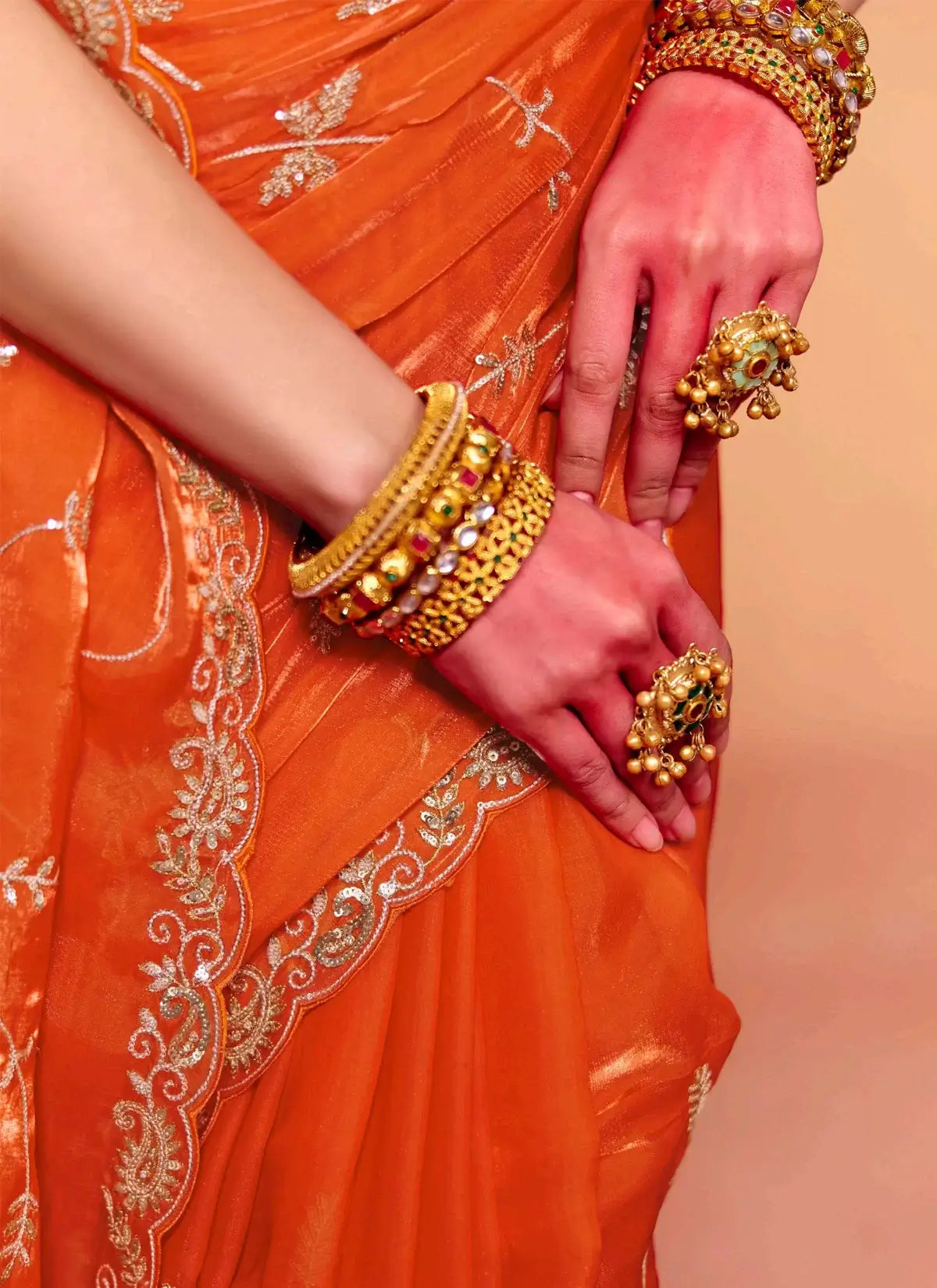 Bright Orange Satin Embroidery Saree