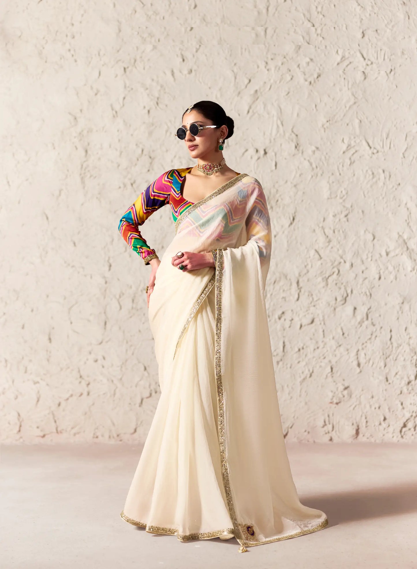 Off White Embroidered Party Wear Saree
