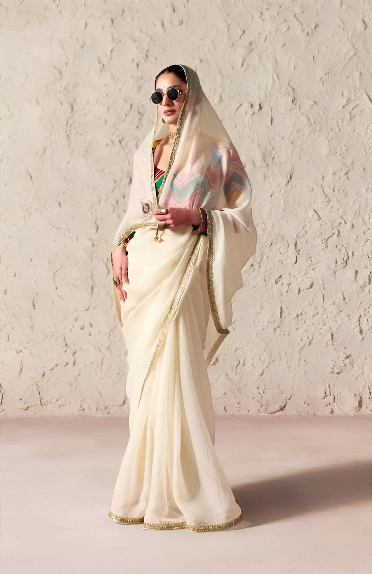 Off White Embroidered Party Wear Saree