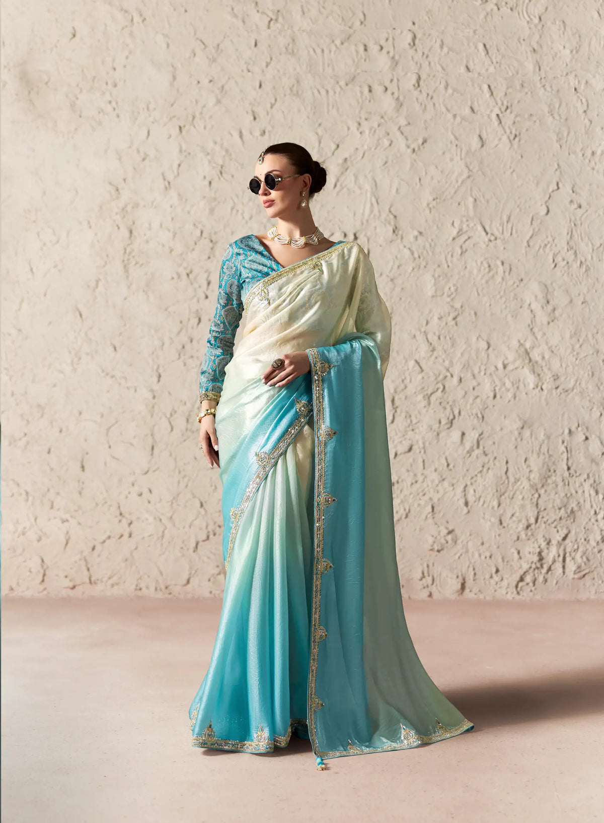 Sky Bue-White Embroidered Party Wear Saree