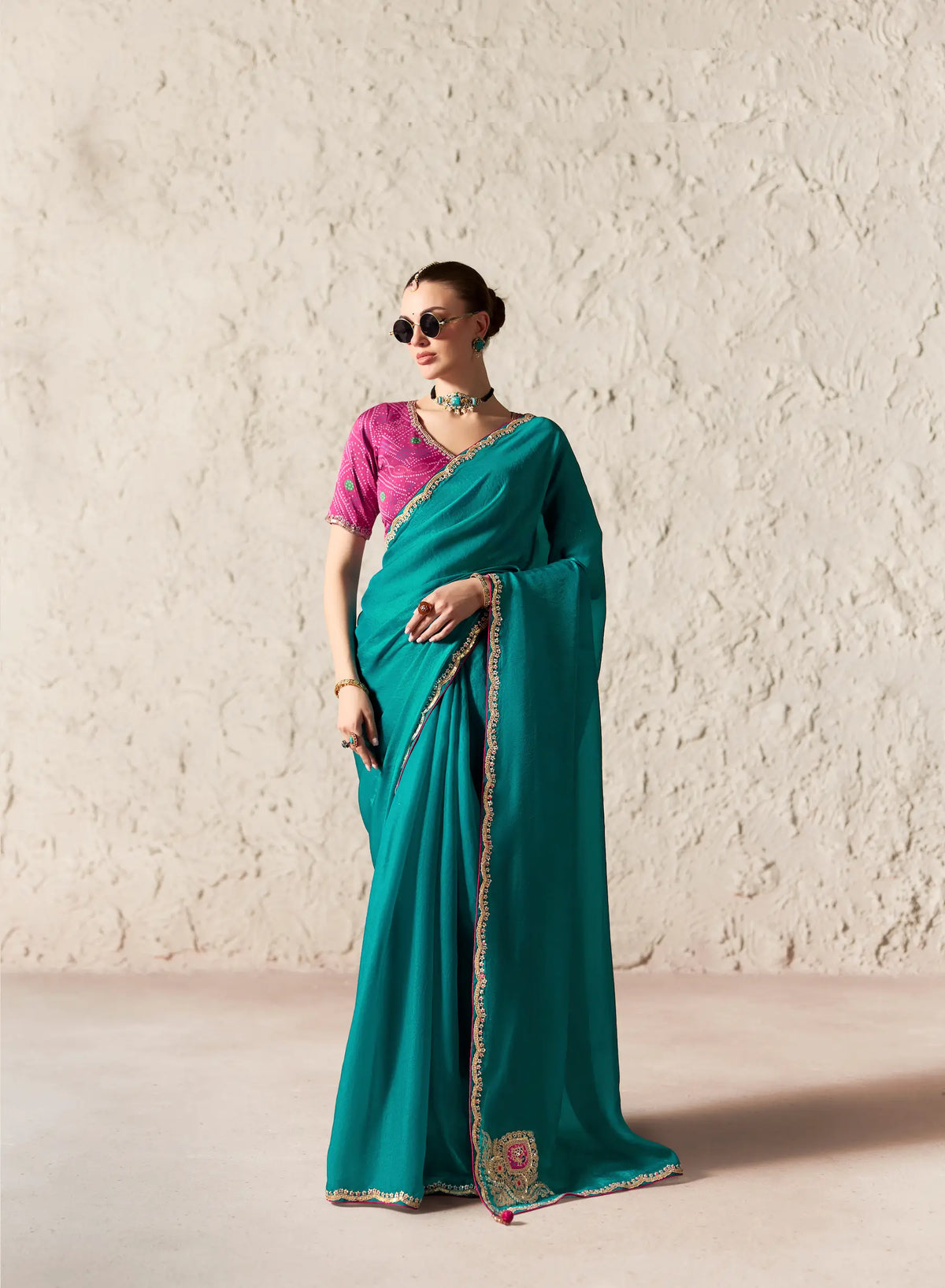 Teal Green Embroidered Party Wear Saree