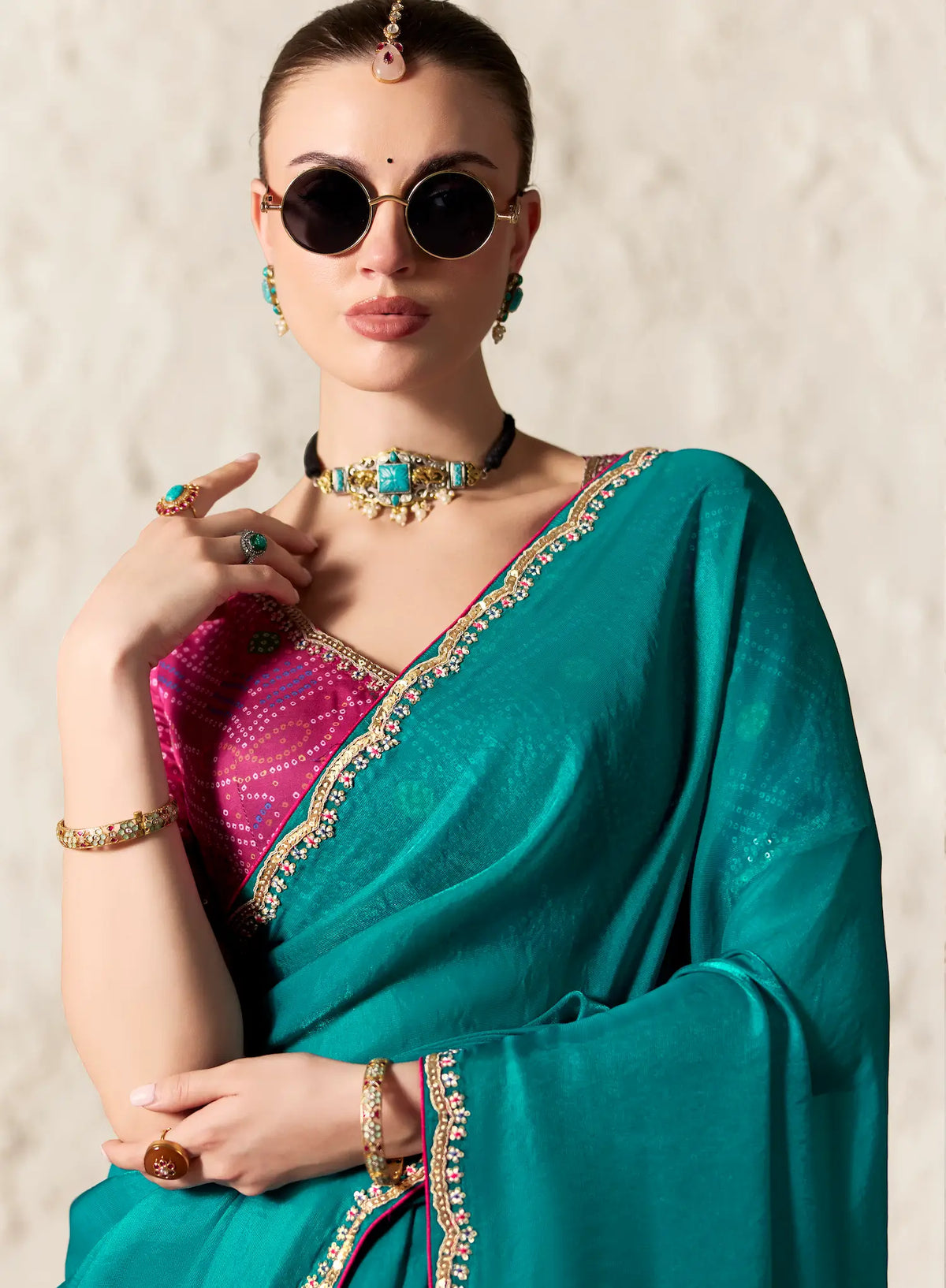 Teal Green Embroidered Party Wear Saree