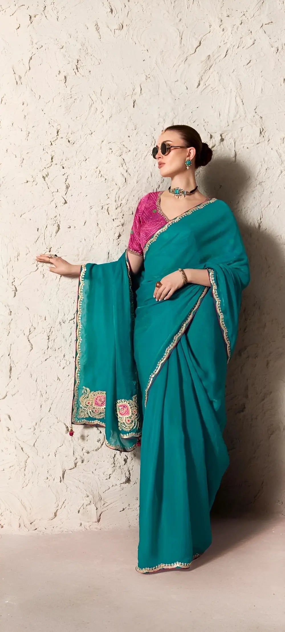 Teal Green Embroidered Party Wear Saree
