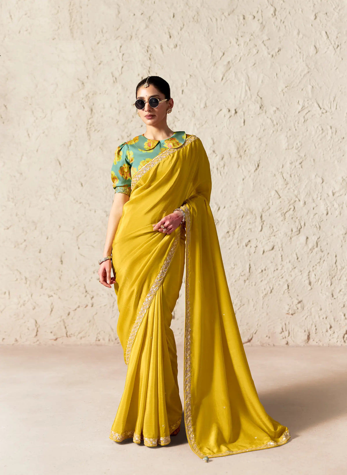 Bright Yellow Embroidered Party Wear Saree