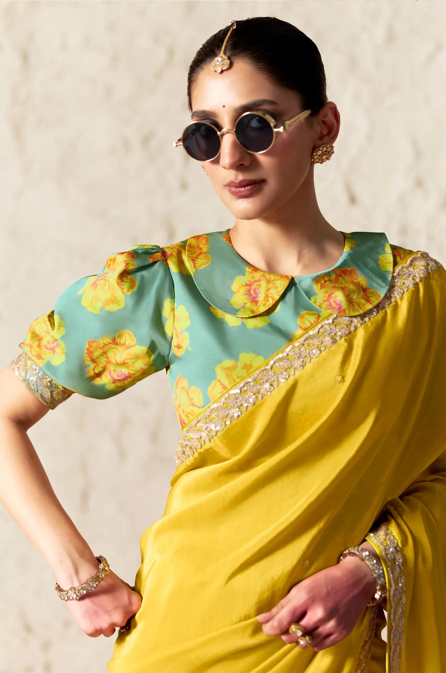 Bright Yellow Embroidered Party Wear Saree