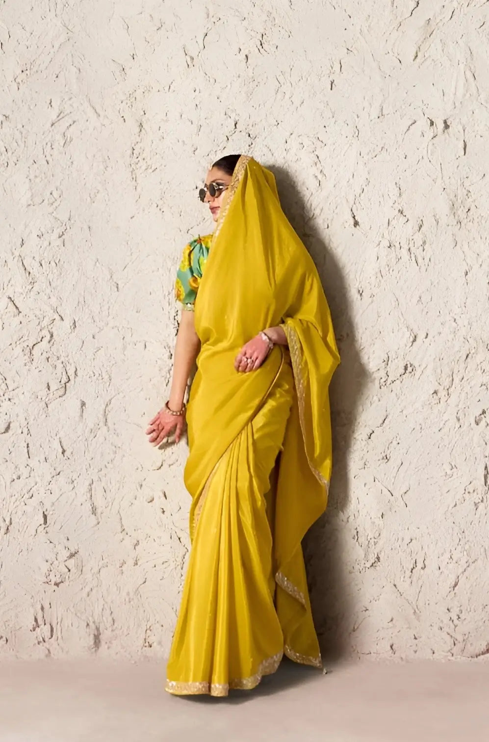 Bright Yellow Embroidered Party Wear Saree