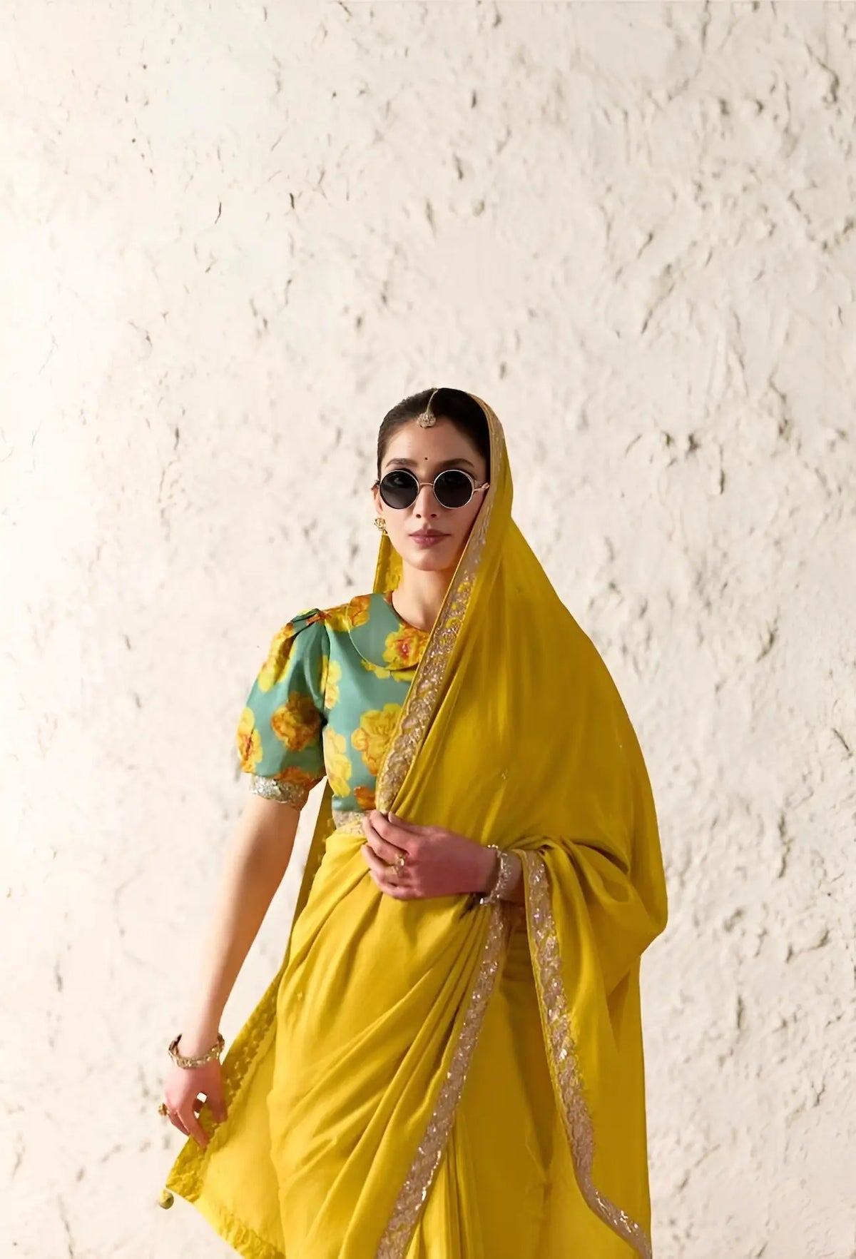 Bright Yellow Embroidered Party Wear Saree
