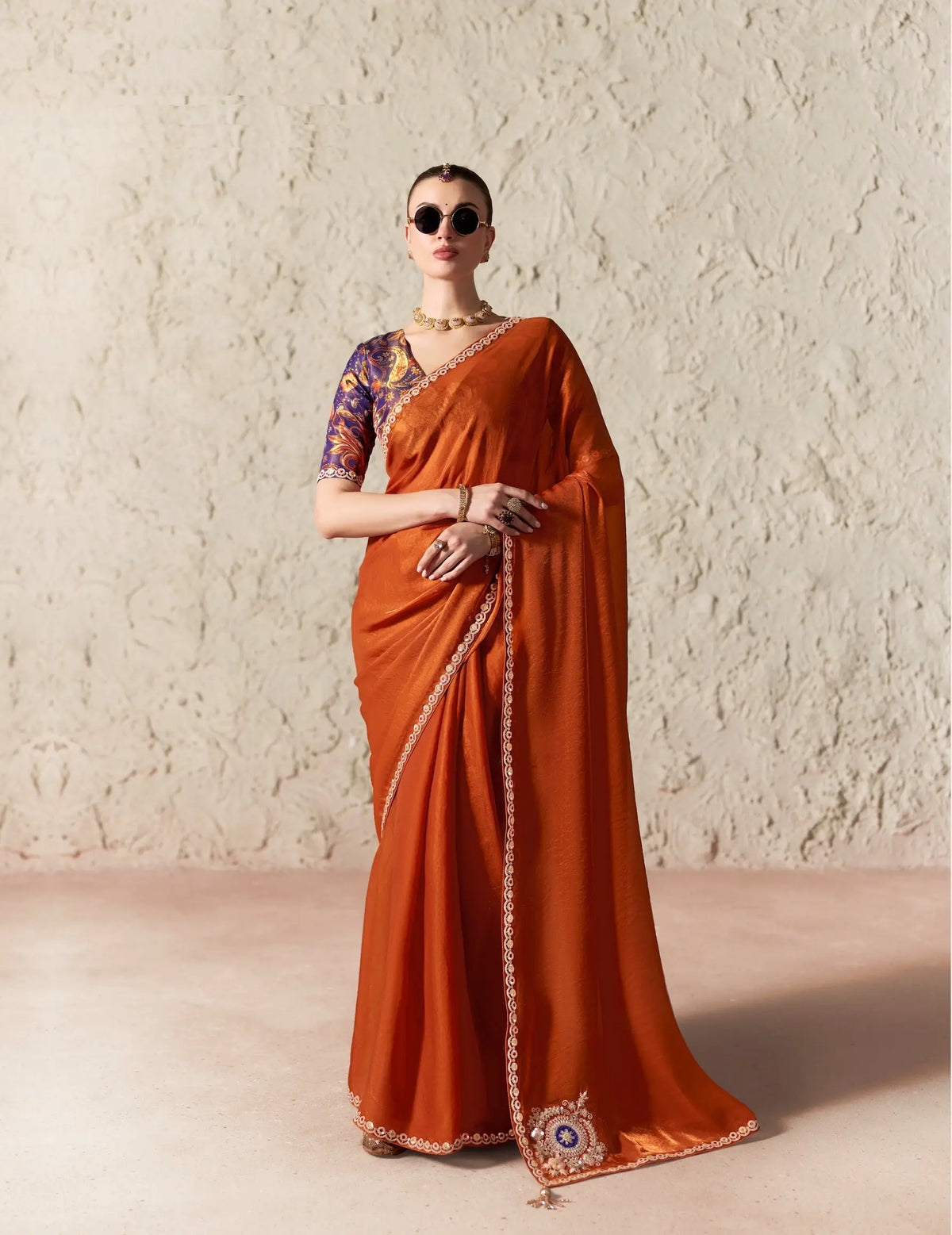 Rust Orange Embroidered Party Wear Saree