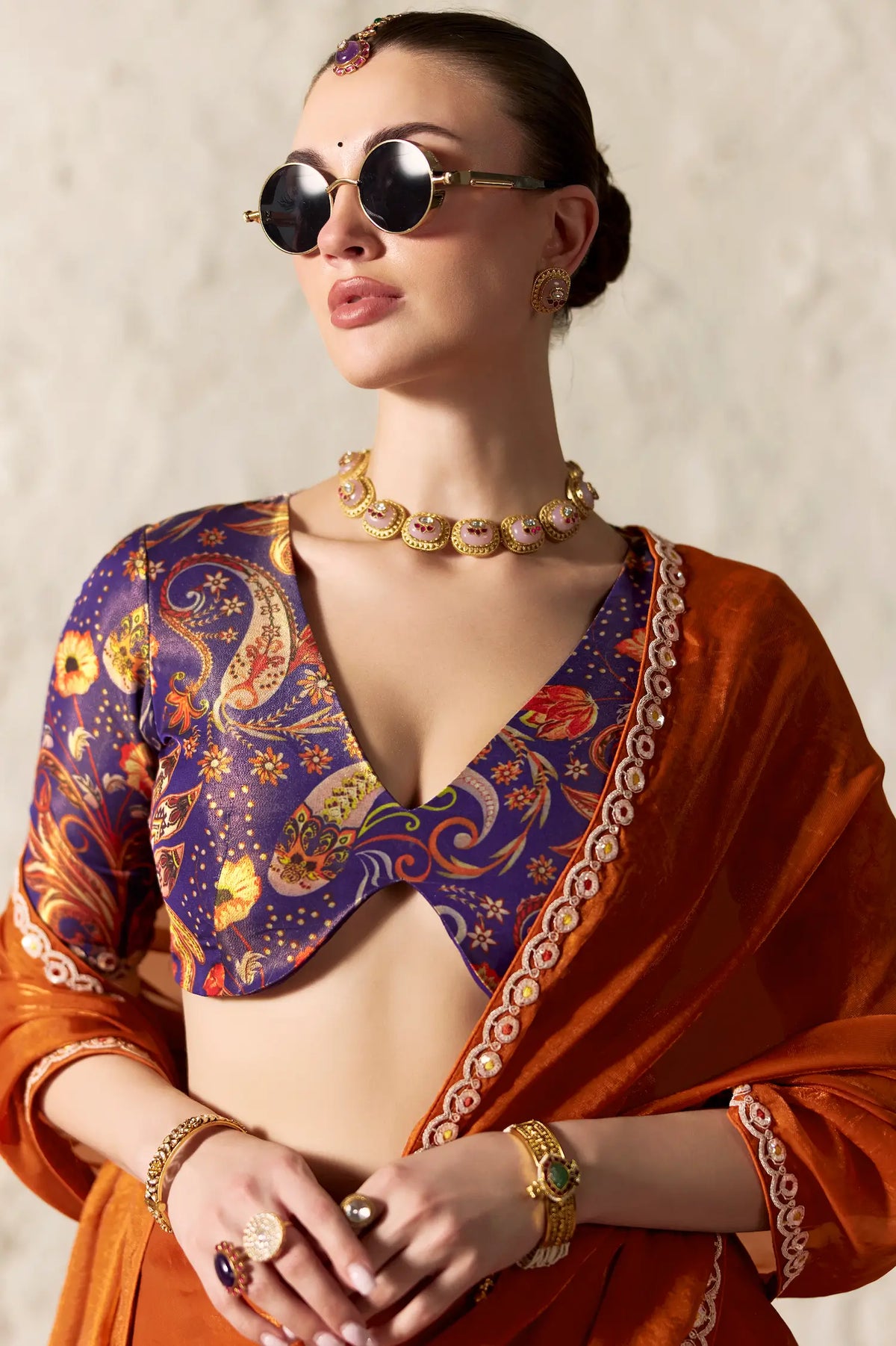 Rust Orange Embroidered Party Wear Saree