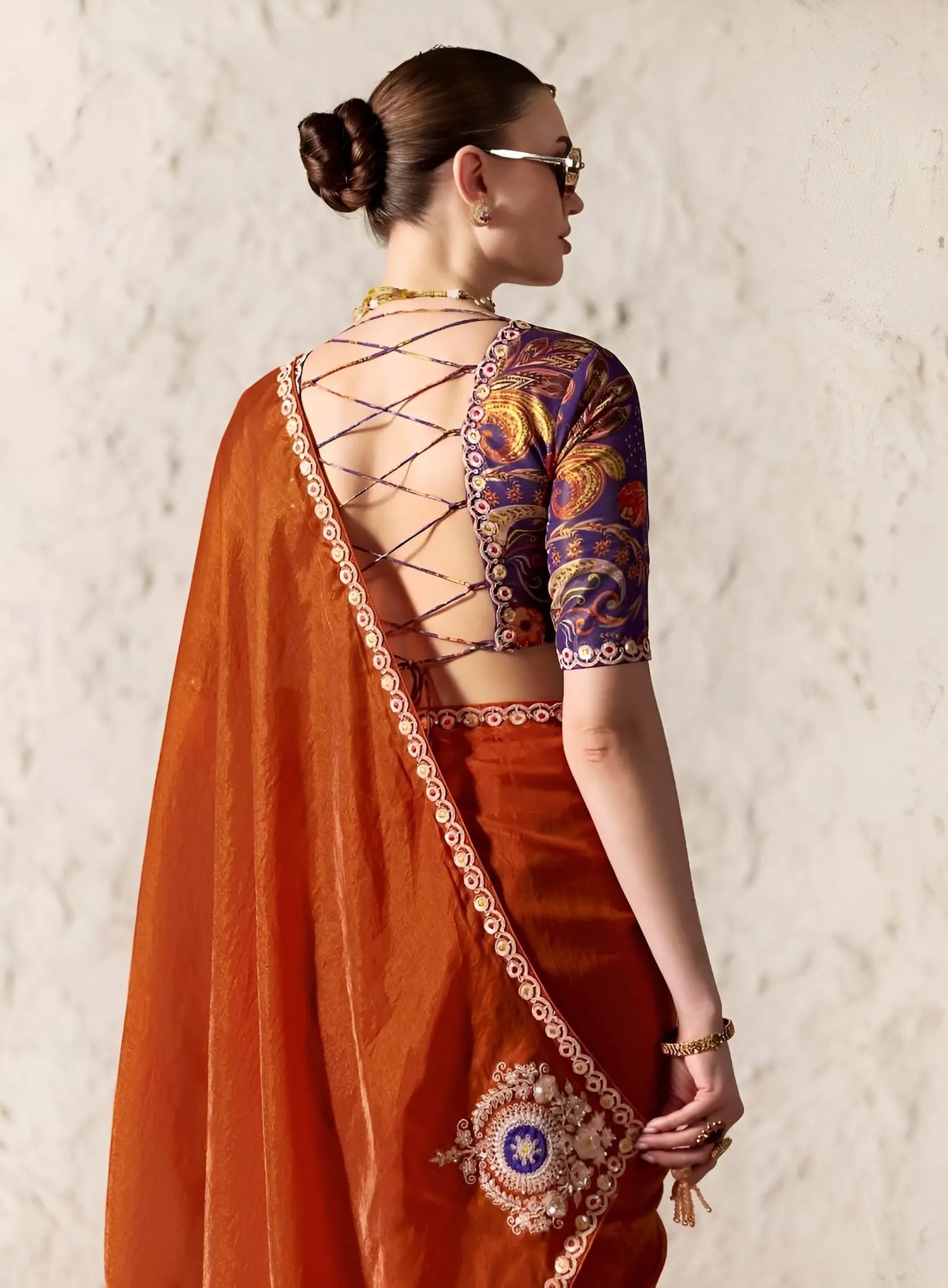Rust Orange Embroidered Party Wear Saree