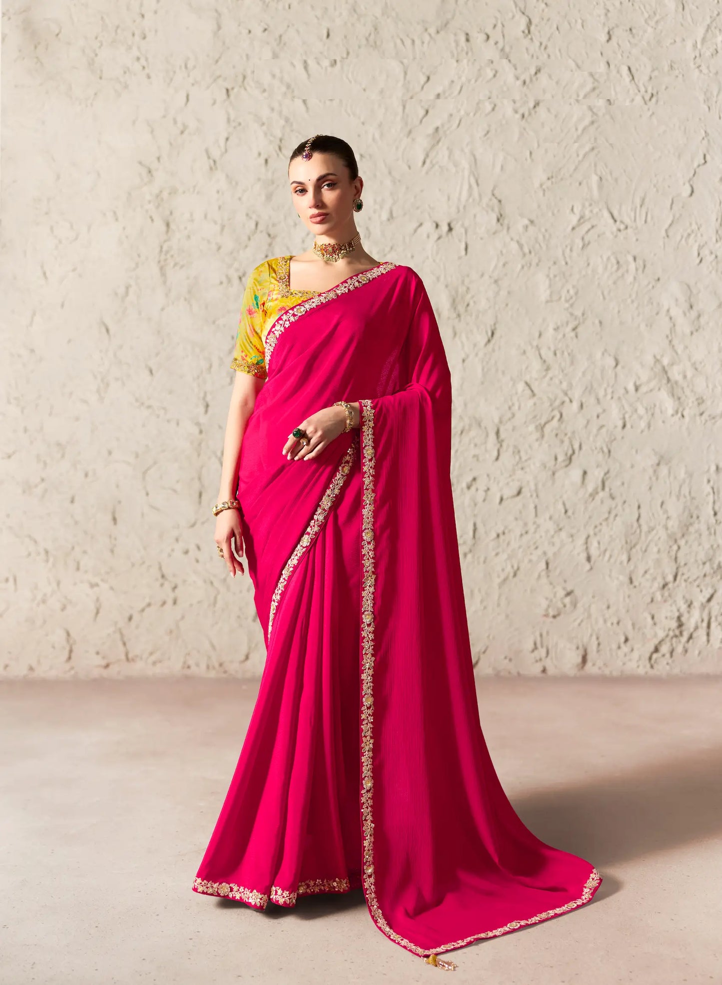 Hot Pink Embroidered Party Wear Saree