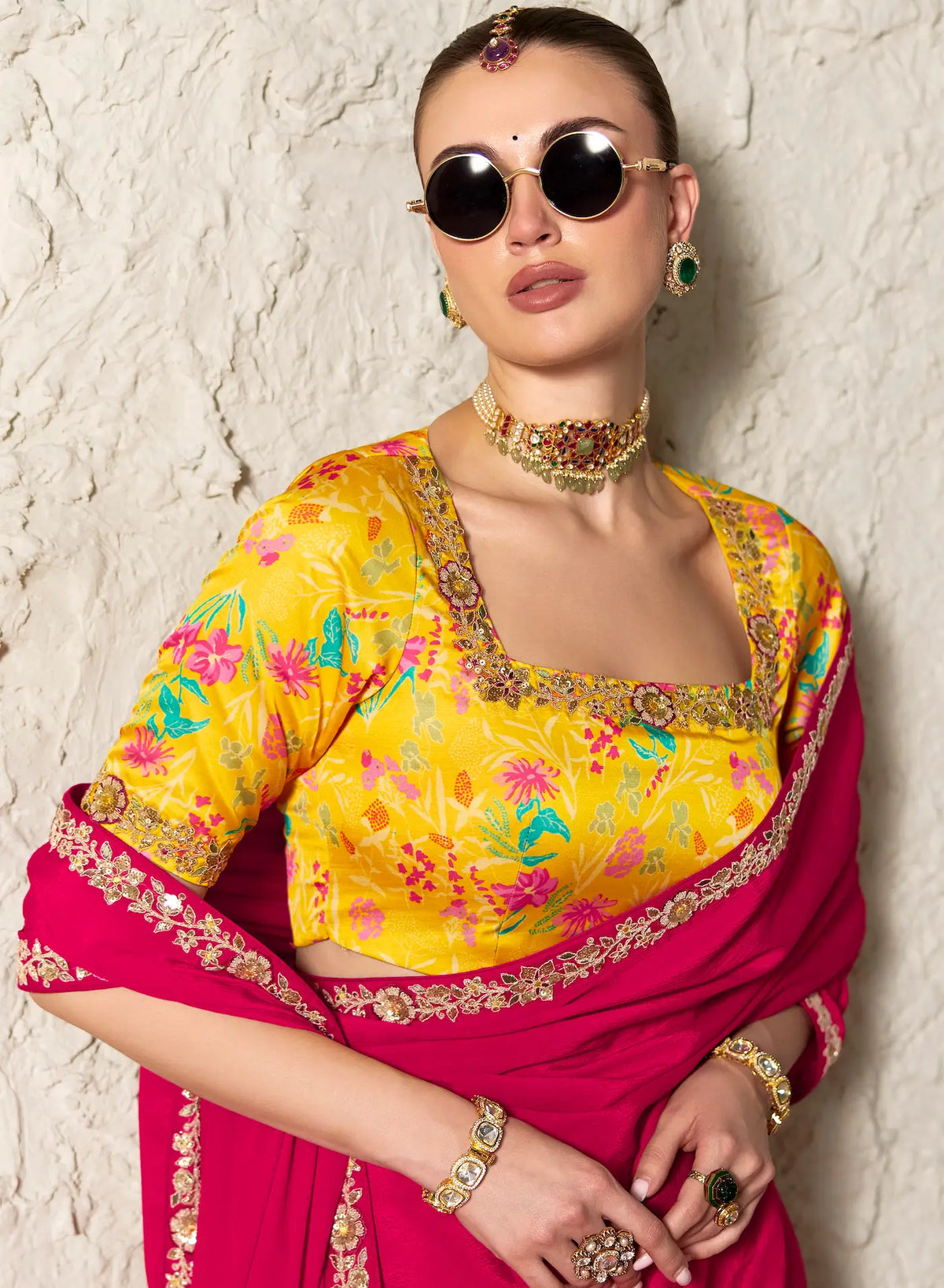 Hot Pink Embroidered Party Wear Saree