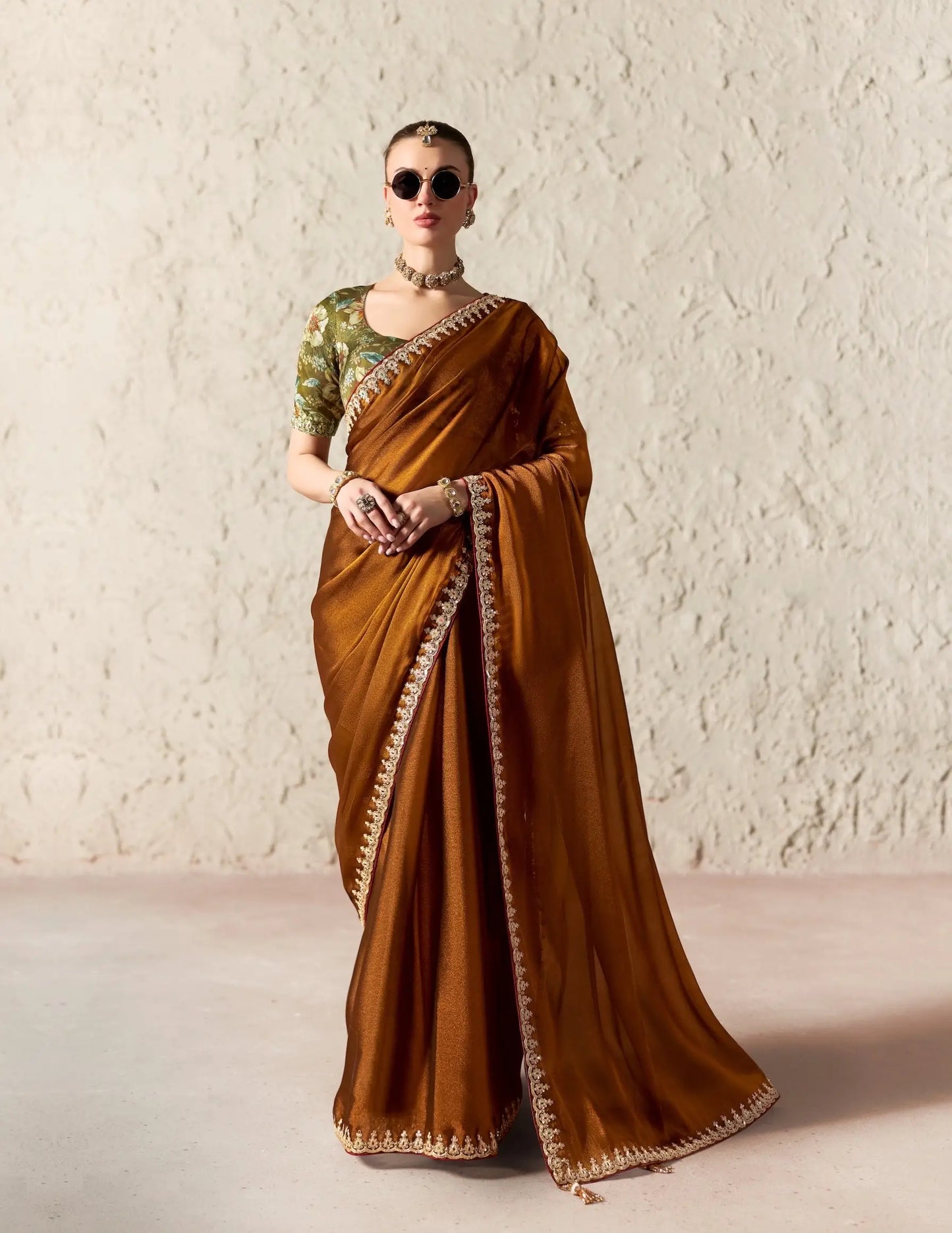 Coffee Brown Embroidered Party Wear Saree