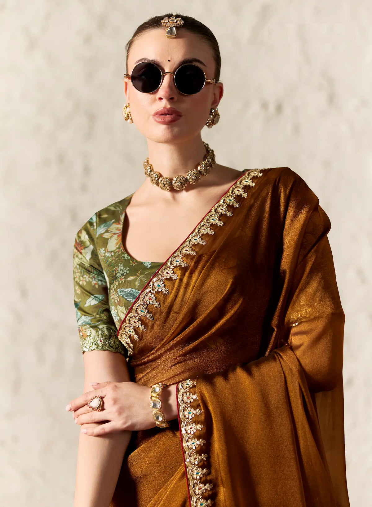 Coffee Brown Embroidered Party Wear Saree
