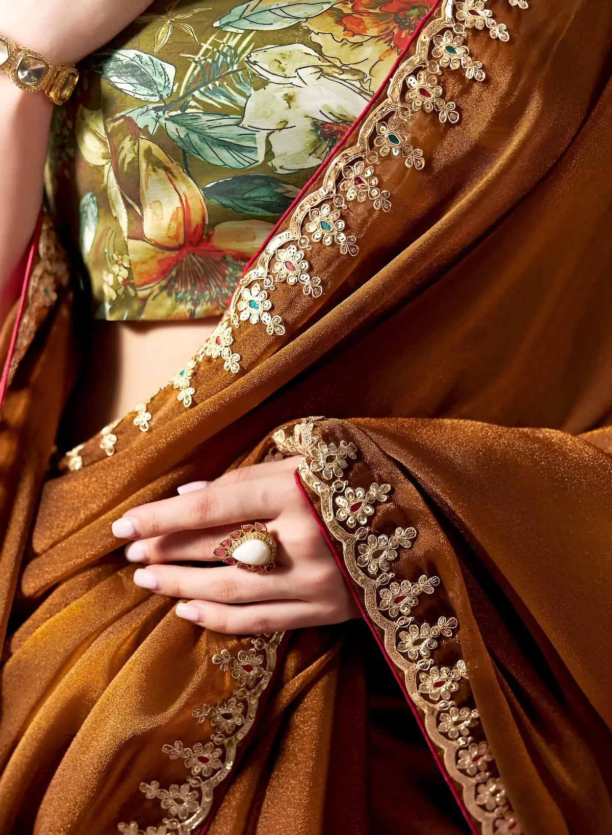 Coffee Brown Embroidered Party Wear Saree