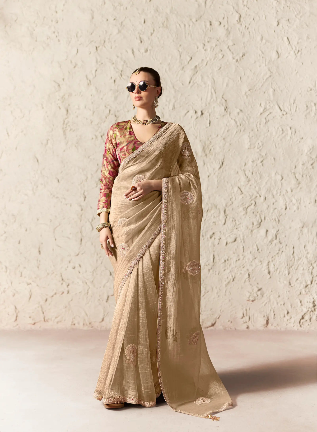 Champagne Embroidered Party Wear Saree
