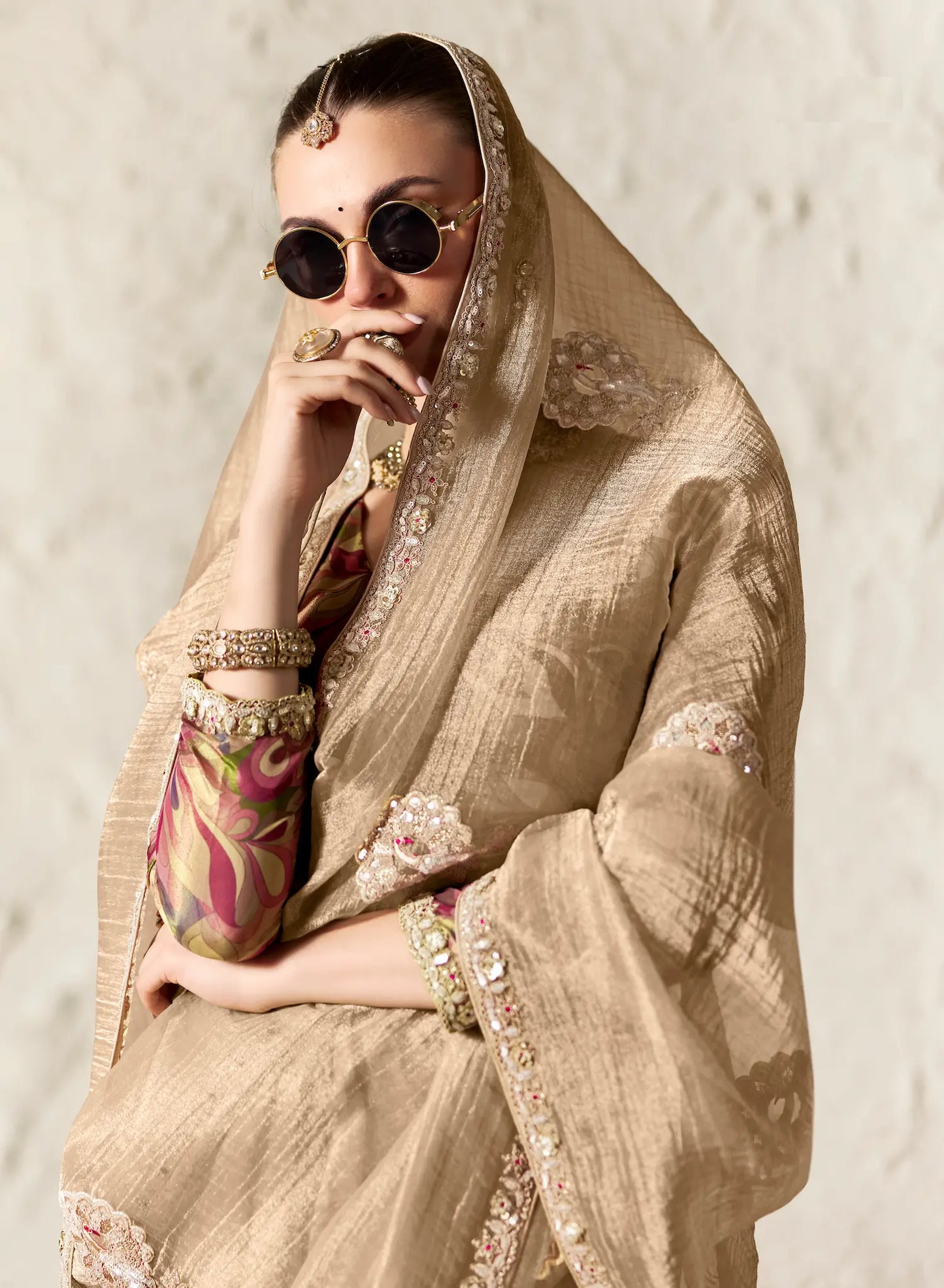 Champagne Embroidered Party Wear Saree