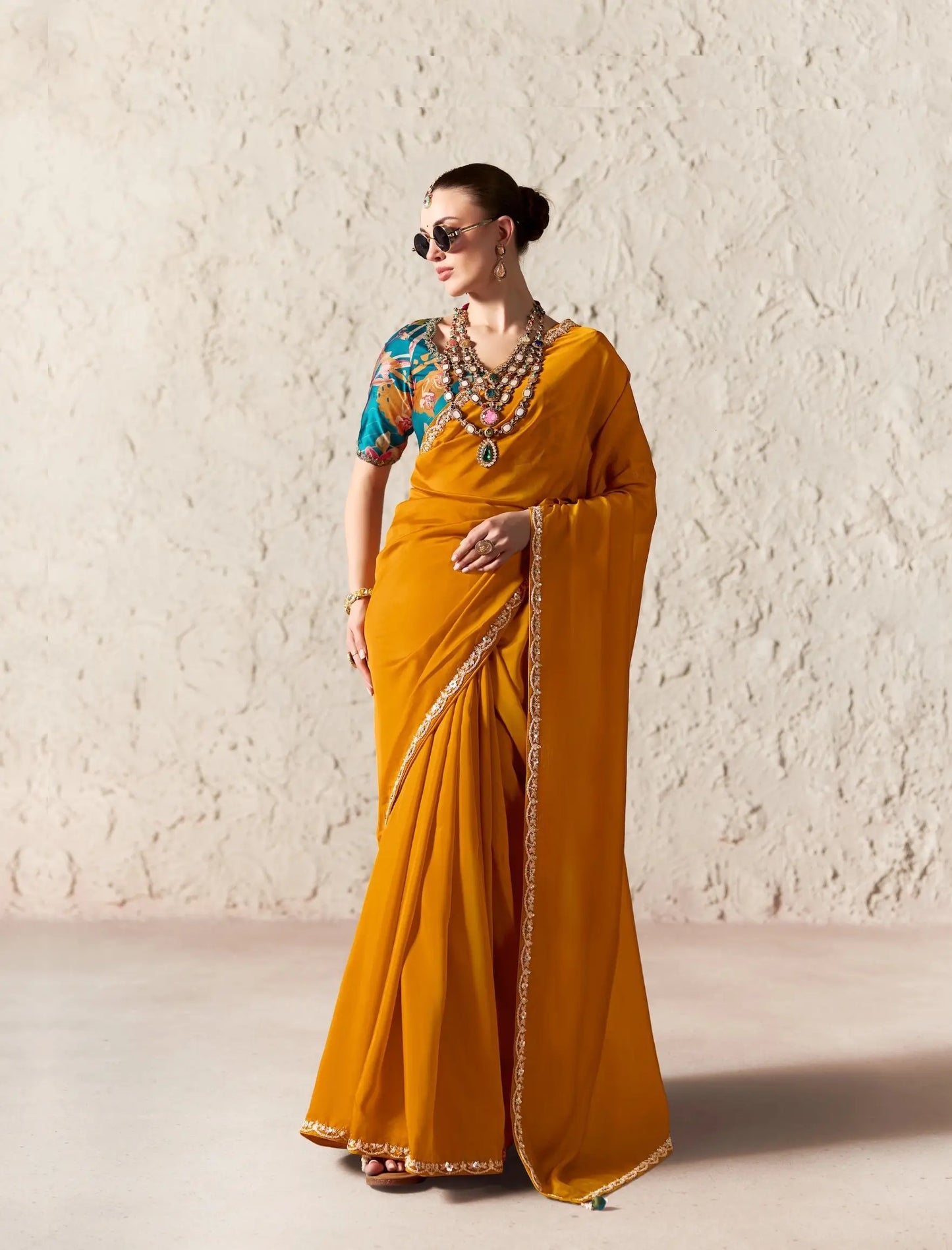 Mango Orange Embroidered Party Wear Saree