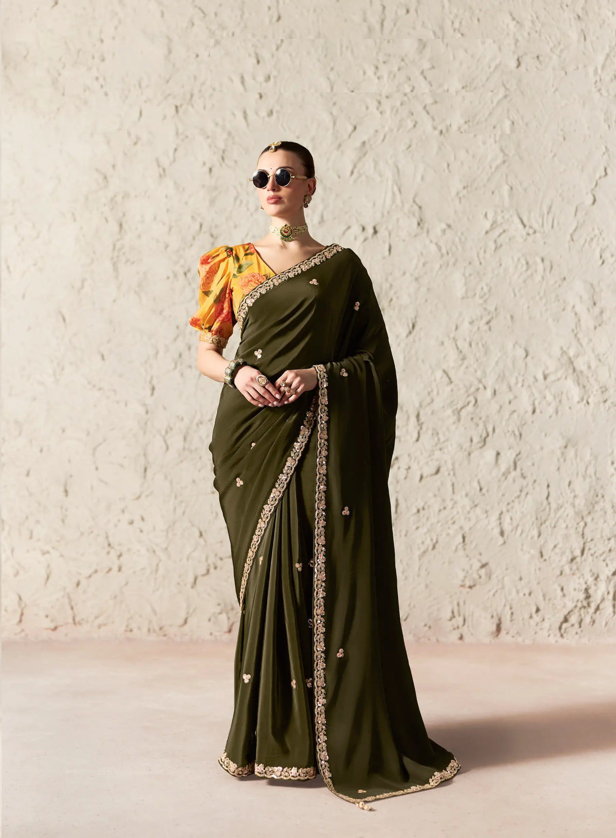Dark Olive Embroidered Party Wear Saree