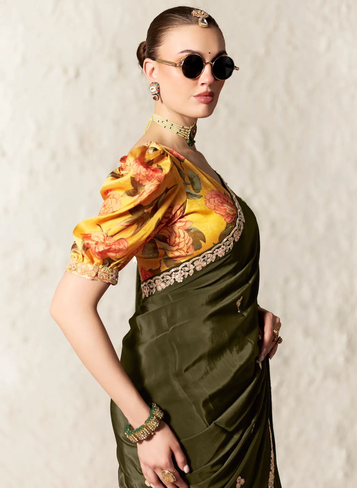 Dark Olive Embroidered Party Wear Saree